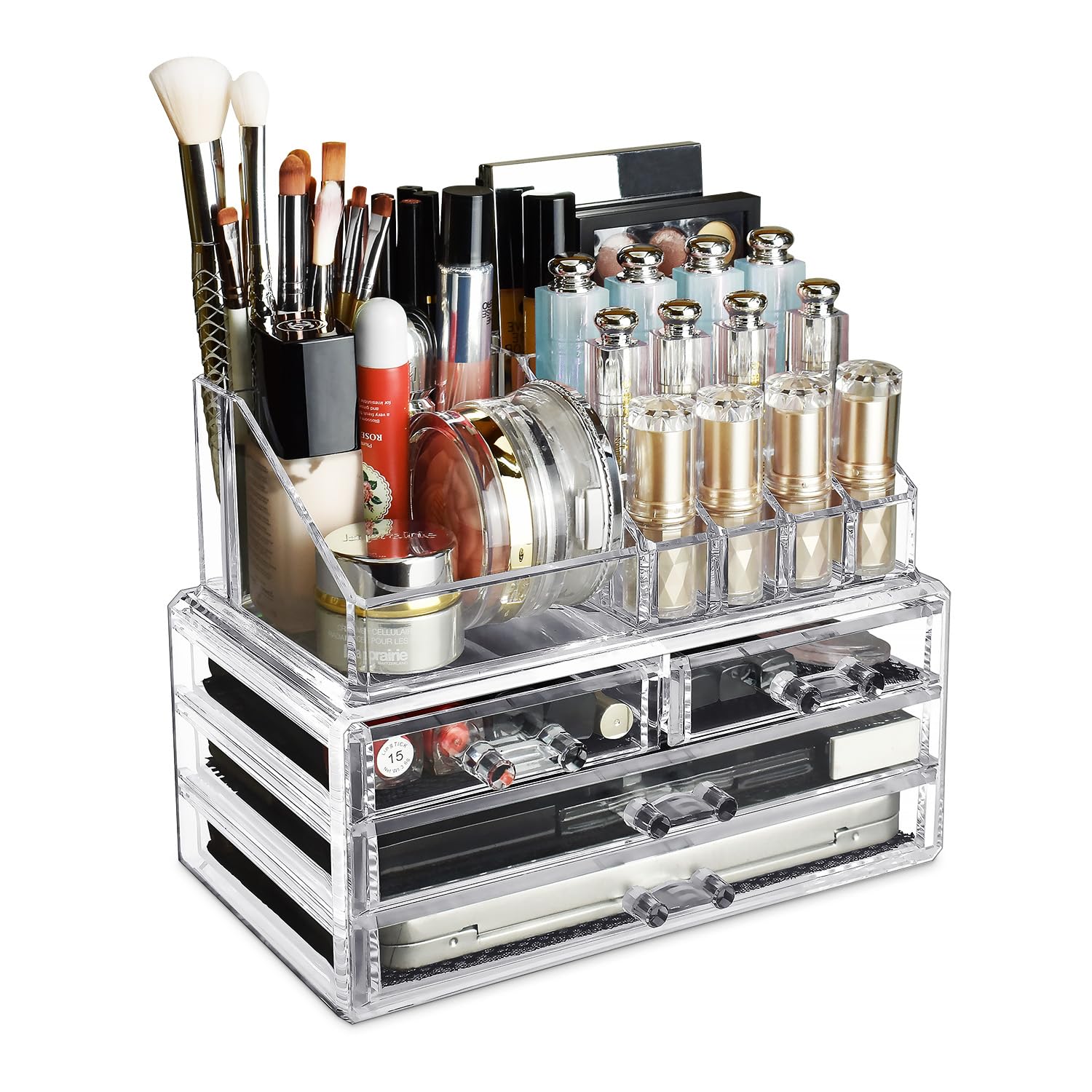 Ikee Design Acrylic Makeup Organizer with 4 Drawers and Removable Top Lipstick Holders, Ideal for Make-up or Accessories,Enhance Your Vanity or Bathroom with Clear Design for Quick Visibility