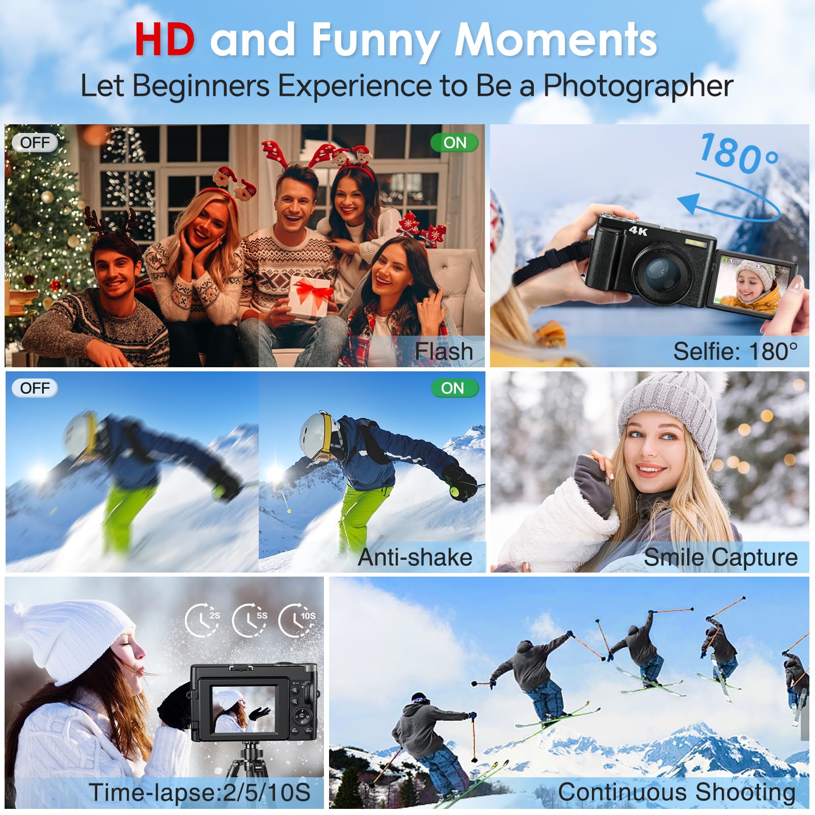 Newest 4K Digital Camera for Photography and Video, 48MP Vlogging Camera with SD Card Autofocus Anti-Shake, 3'' 180° Flip Screen 16X Zoom Digital Camera with Flash, Compact Digital Camera for Travel