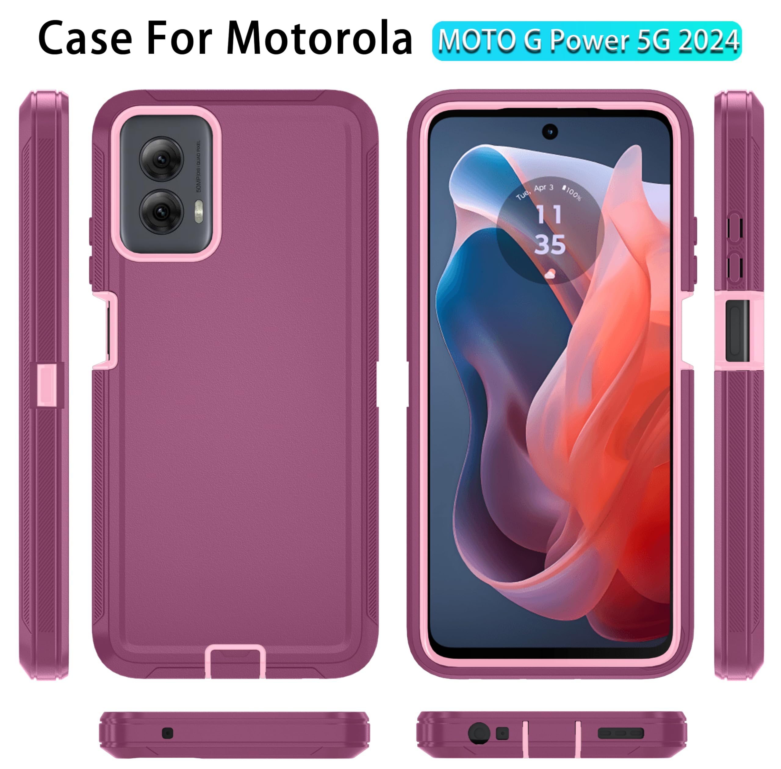 Qinmay for Motorola Moto G Power 5G 2024 Case with HD Screen Protector, Shockproof 3-Layer Heavy Duty Cover for Motorola G Power 2024 (Moto G Power 2024,WineRed Pink)