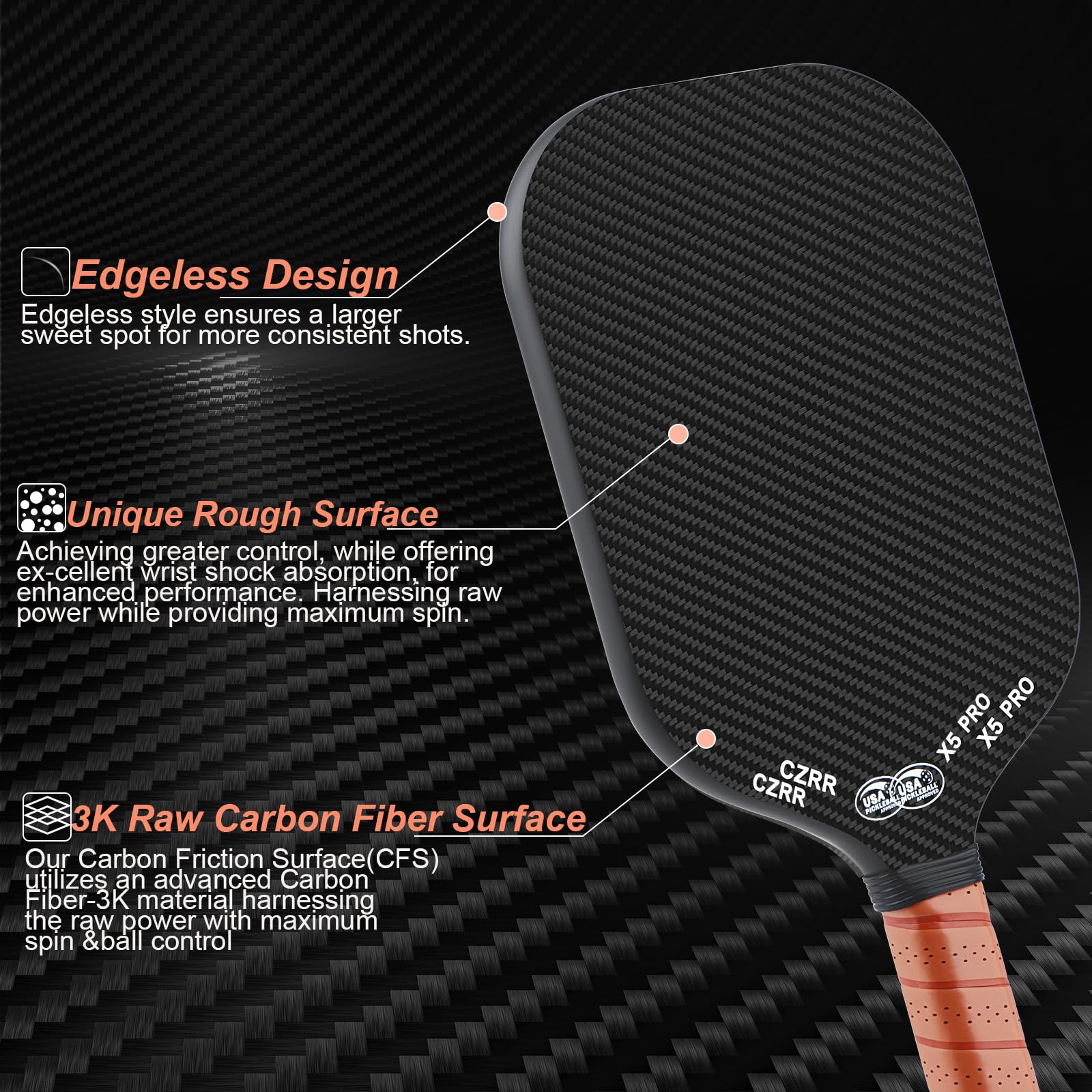 CZRR Pickleball Paddle, Edgeless Style 3K Raw Carbon Fiber Surface High Grit & Spin,USA Pickleball Approved, 16MM Polypropylene Honeycomb Core, Designed for Unmatched Control and Added Power