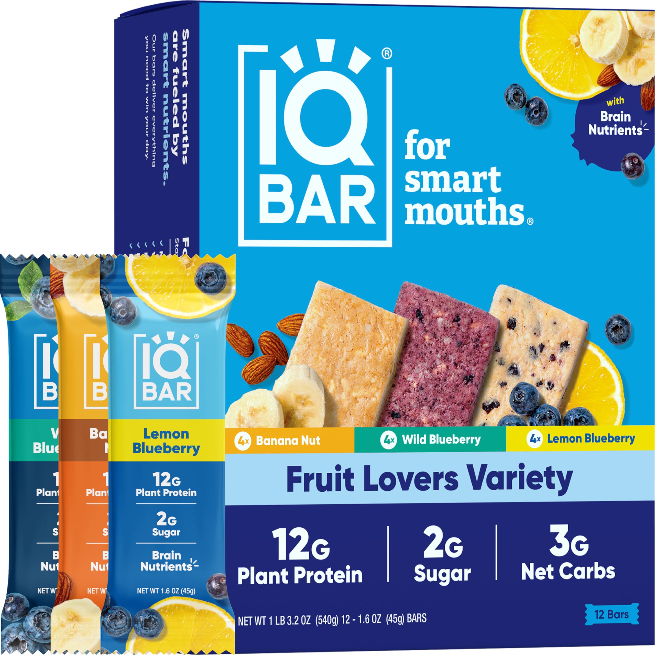 IQBAR Fruit Lovers Protein Bars - 12-Count Vegan Snack Pack - Gluten Free, Low Sugar and High Fiber Meal Replacement Bars