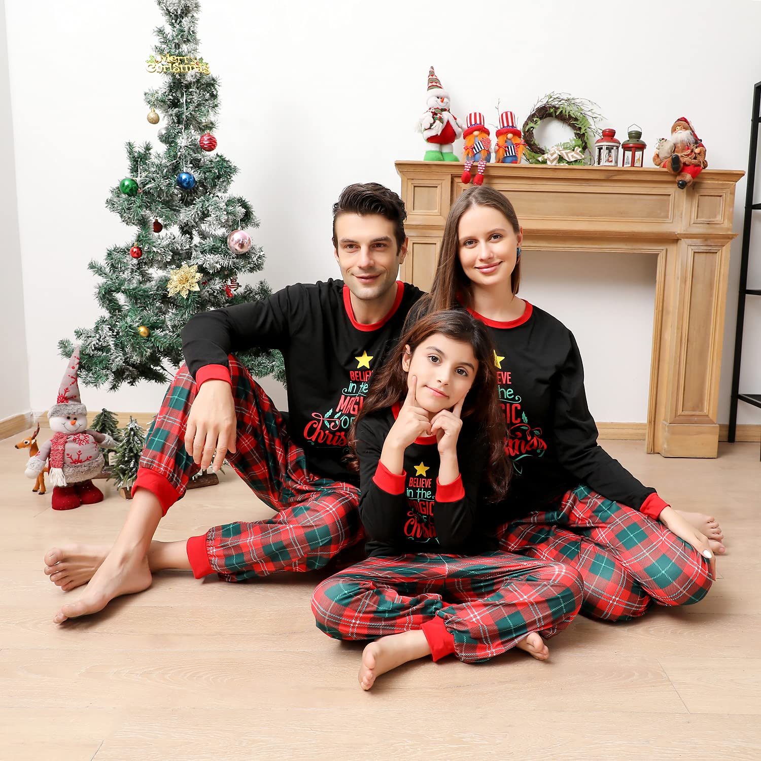 ANGELGGH Matching Family Christmas Pajamas Sets, Holiday PJs with Top and Pants, Cute 2 Piece Sleepwear for Couples/Women/Men (Men, L, Red Black Believe)