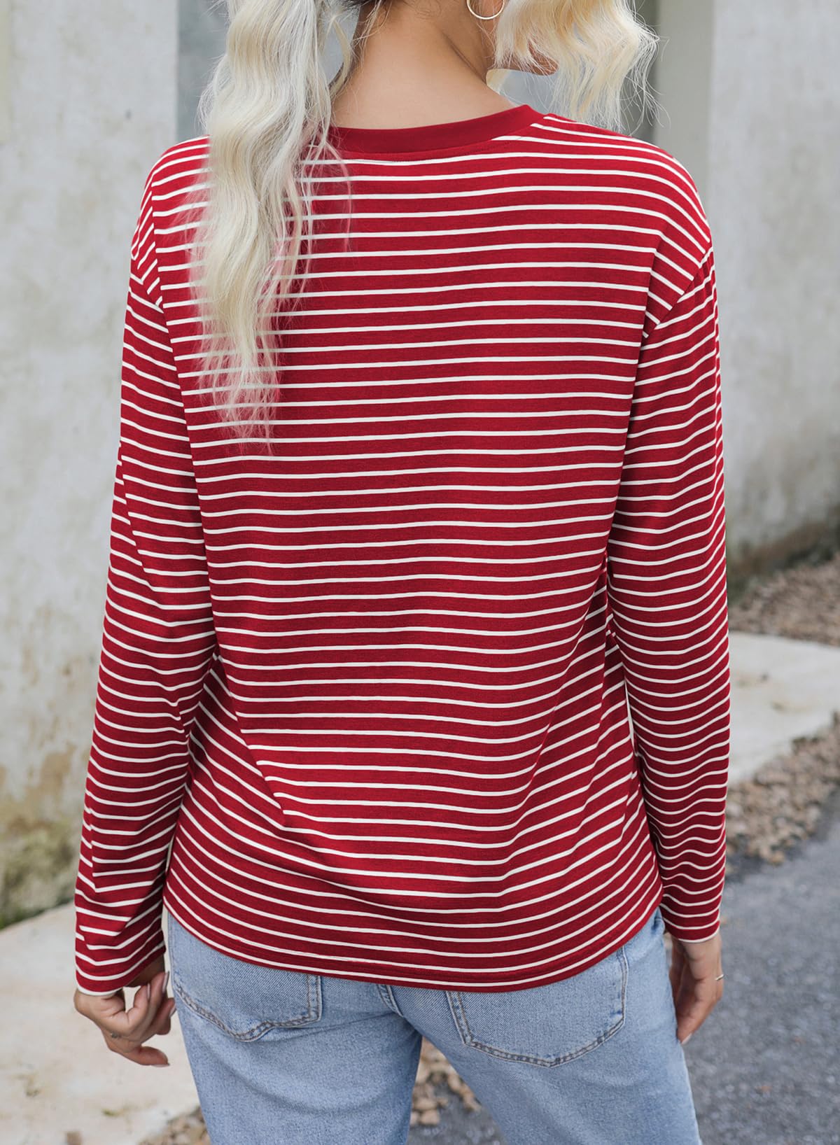 Dokotoo Shirts for Women Crew Neck Striped Long Sleeve Tops Casual Loose Fit Business Shirt Womens Clothes Fall Fashion 2024 Red Stripe XX-Large