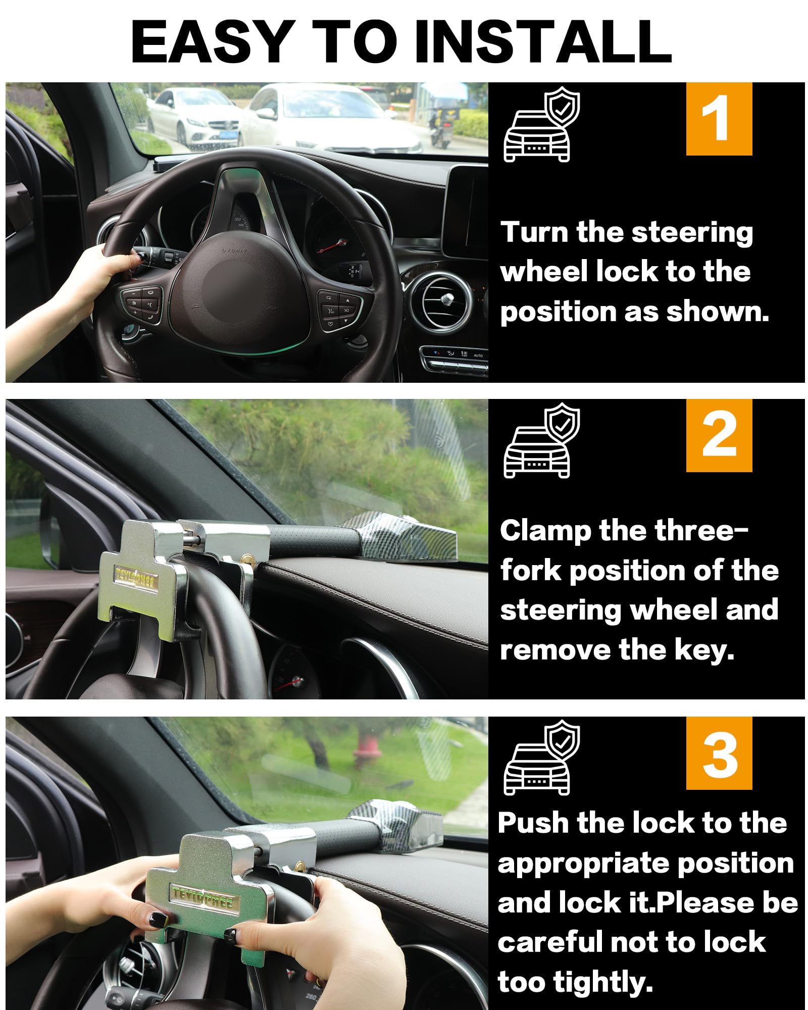 Tevlaphee Steering Wheel Lock with Alarm,Heavy Duty Anti-Theft Car Device Car Lock Car Theft Prevention Universal Fit for Vehicle Truck Van SUV Car Security with 2 Keys