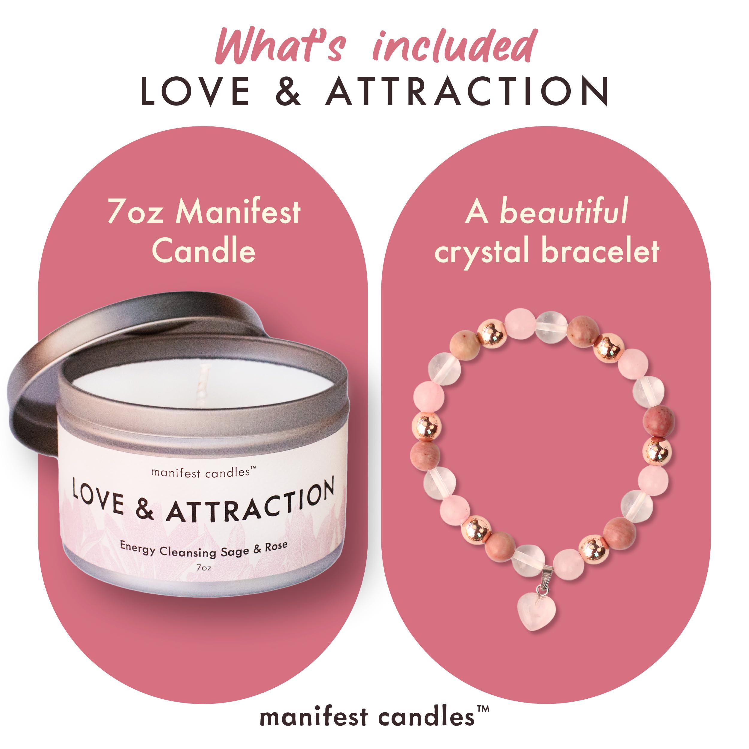 Manifest Candles 7oz Love Candle to Attract Love - Rose & Sage Scented - Love Attraction & Manifestation - Spiritual Meditation Candle with Manifestation Love Crystals Bracelets for Women