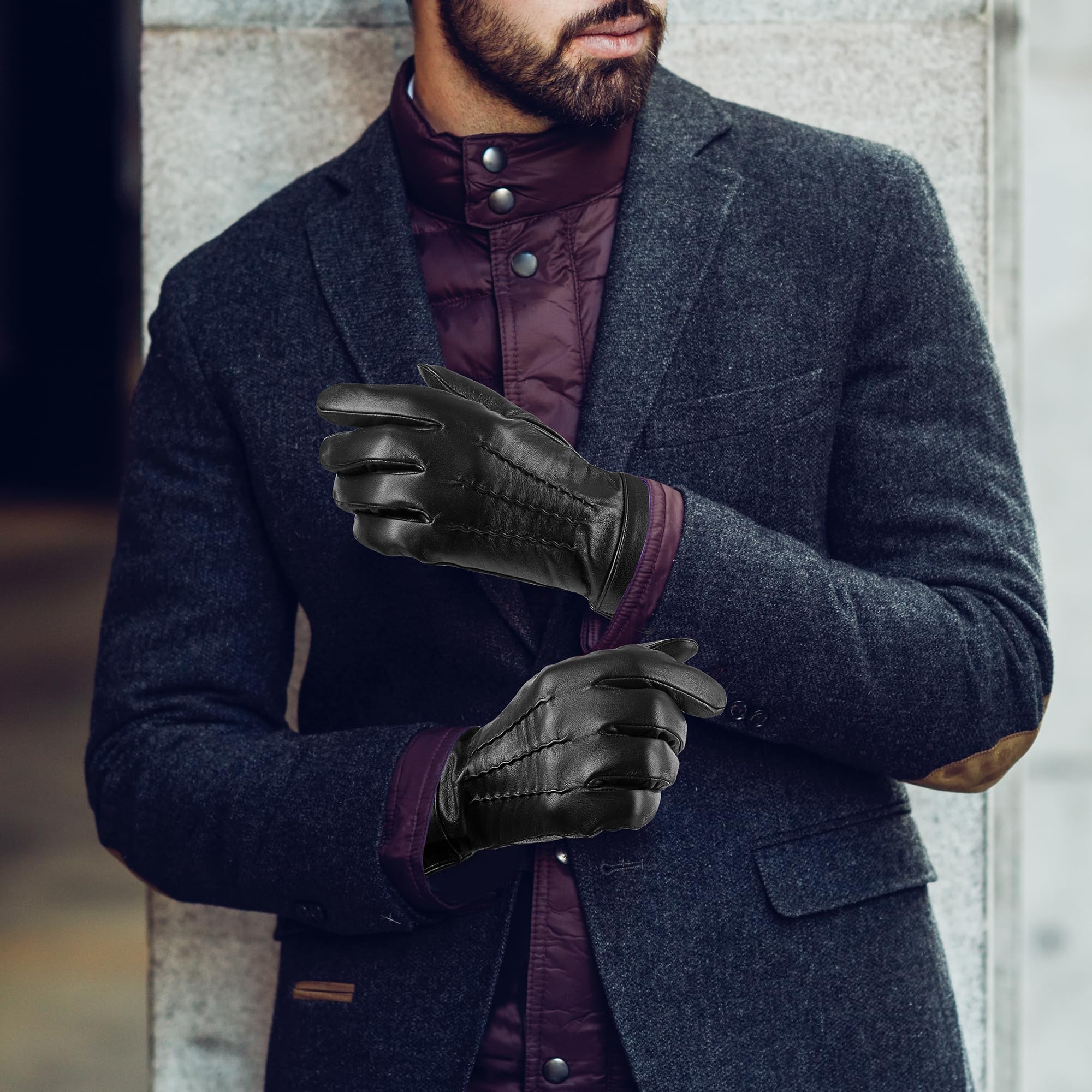 LOKIMSI Genuine Sheepskin Leather Gloves for Men, Soft Cashmere Winter Warm Touch Screen Gloves Motorcycle Driving Gloves