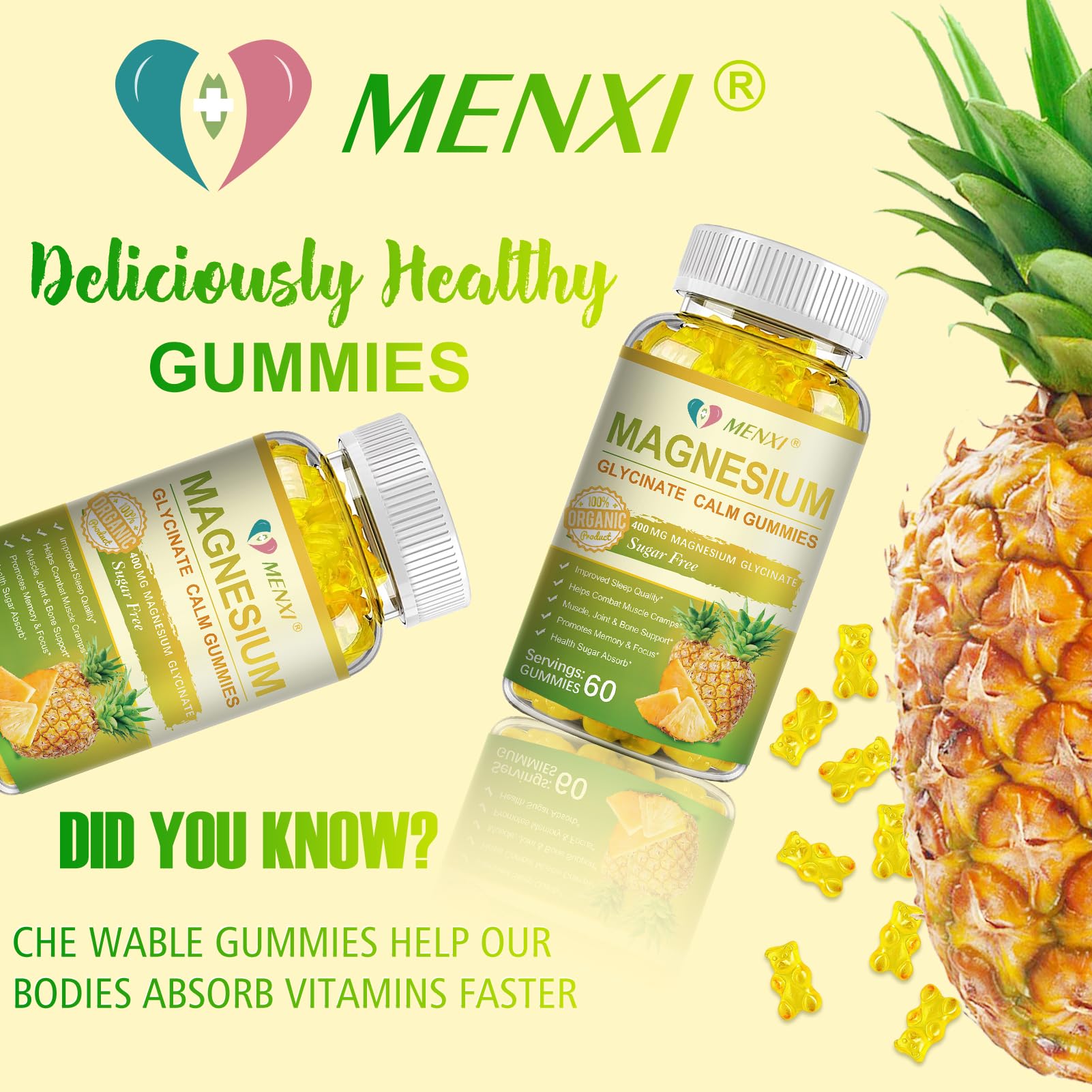 Magnesium Glycinate Gummies 400mg, Sugar Free Magnesium Taurate,Magnesium Malate Supplement with Vitamin D, B6, CoQ10 for Relaxation, Stress Relief, Muscle, Bone & Sleep Support-120 Pineapple Gummies