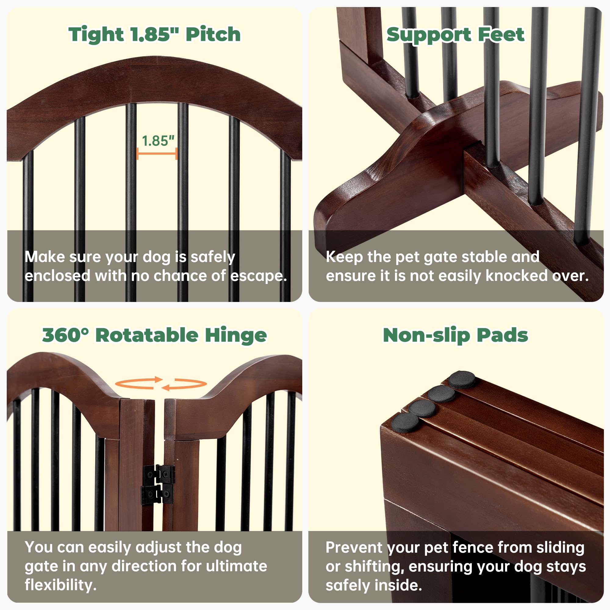 PrimeZone 120" Extra Wide Dog Gate - 6-Panel 30" Tall Solid Acacia Wooden Freestanding Puppy Gates with Door, Foldable Indoor Pet Fence for Doorways, Stairs, Support Feet Included, Brown