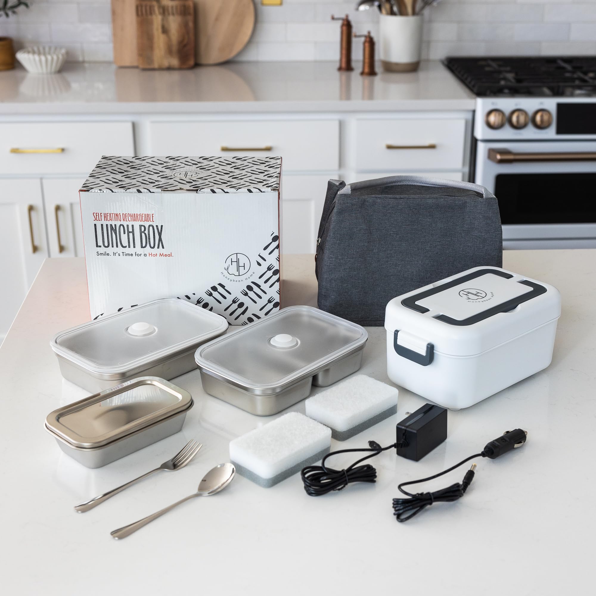 HONEYBEAN HOME Battery Powered Lunch Box for Work With 35 Minutes of Heating Capability – Comes With a Reusable Fork & Spoon