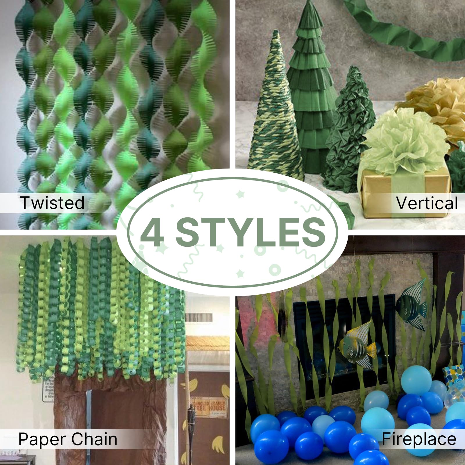 PartyWoo Green Crepe Paper Streamers 10 Rolls 820 ft Pack of Gold and Shades Sage Green Crepe Paper for Graduation Wedding Jungle Birthday Party Decorations (1.8 Inch x 82 Ft/Rolls)