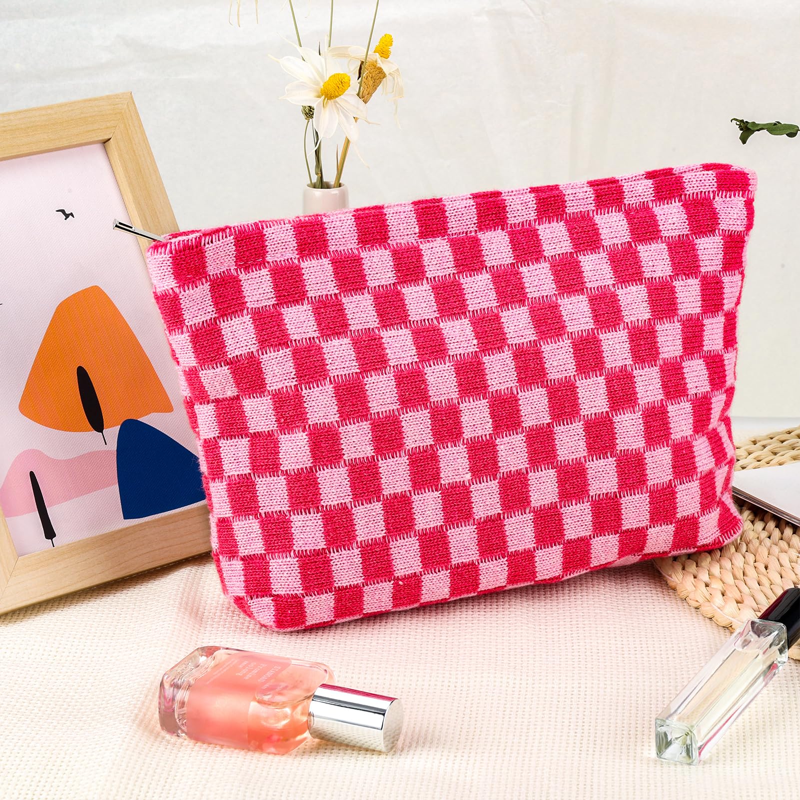 Checkered Makeup Bag for Women Large Capacity Hot Pink Travel Cosmetic Bag Makeup Pouch for Purse Zipper Toiletry Organizer Cute Y2K Aesthetic Trendy Adults Makeup Brushes Storage Bag