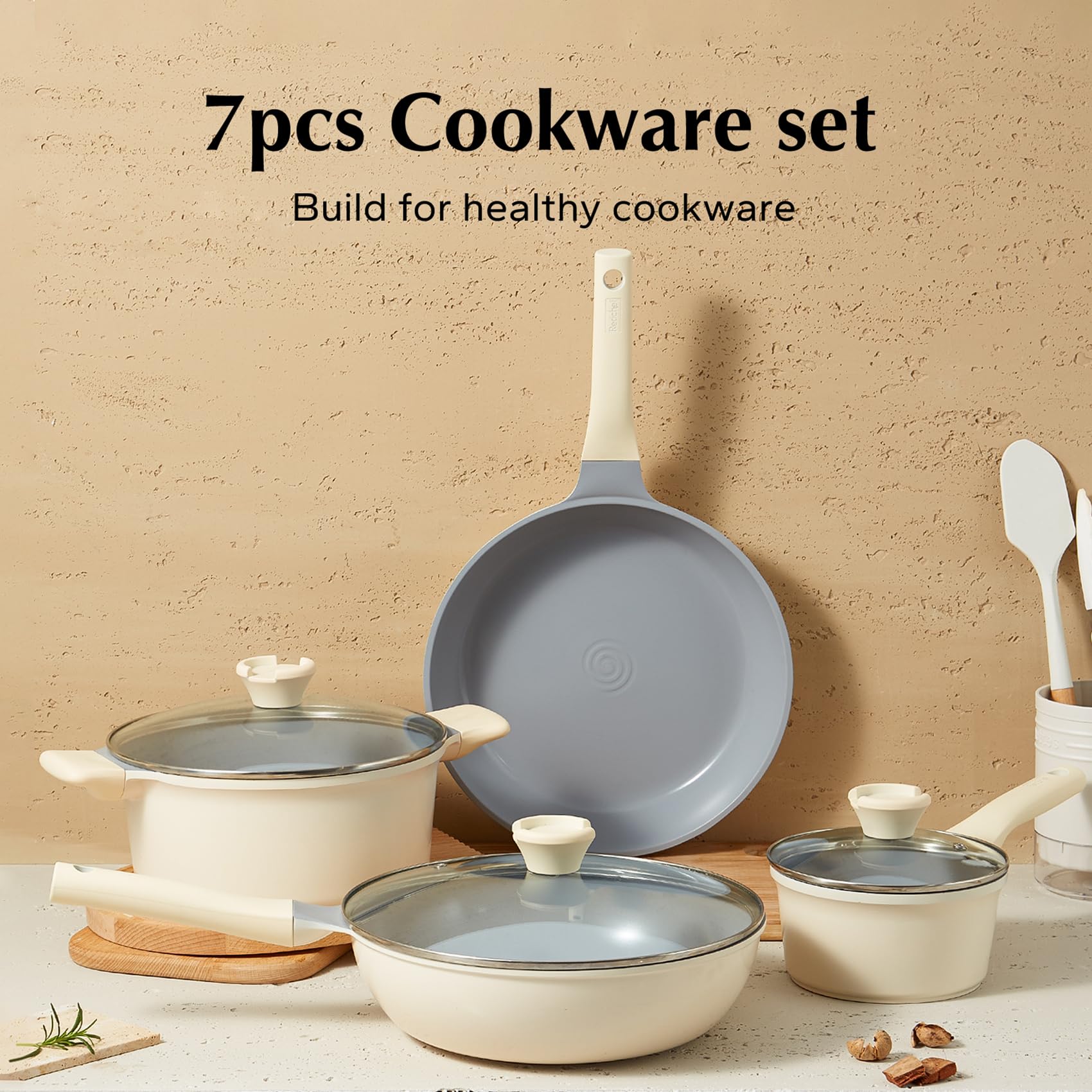 Redchef Ceramic Pots and Pans Set - 7 Piece Non Stick Cookware Set, Healthy and Non Toxic, PFAS PFOA & PTFE Free (Cream)