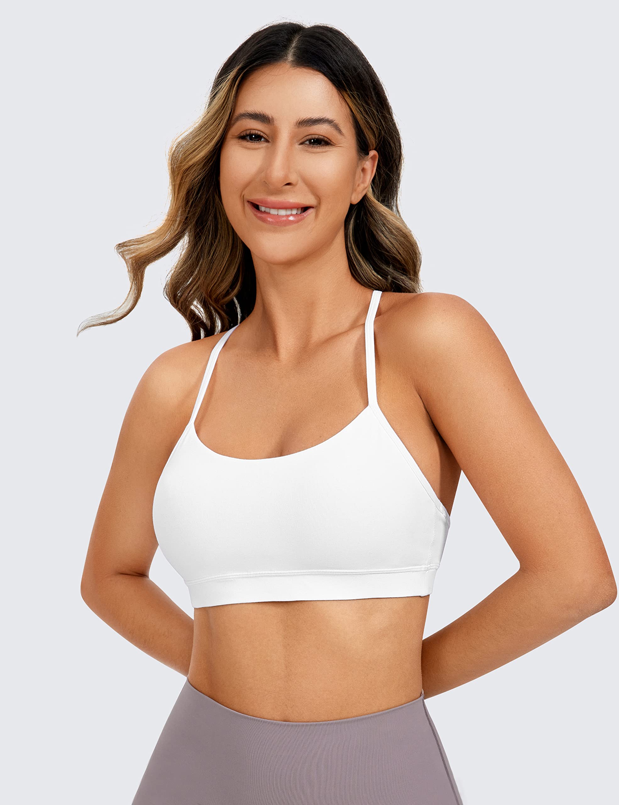 CRZ YOGA Butterluxe Womens Y Back Sports Bra - Padded Racerback Low Impact Spaghetti Thin Strap Workout Yoga Bra White Medium