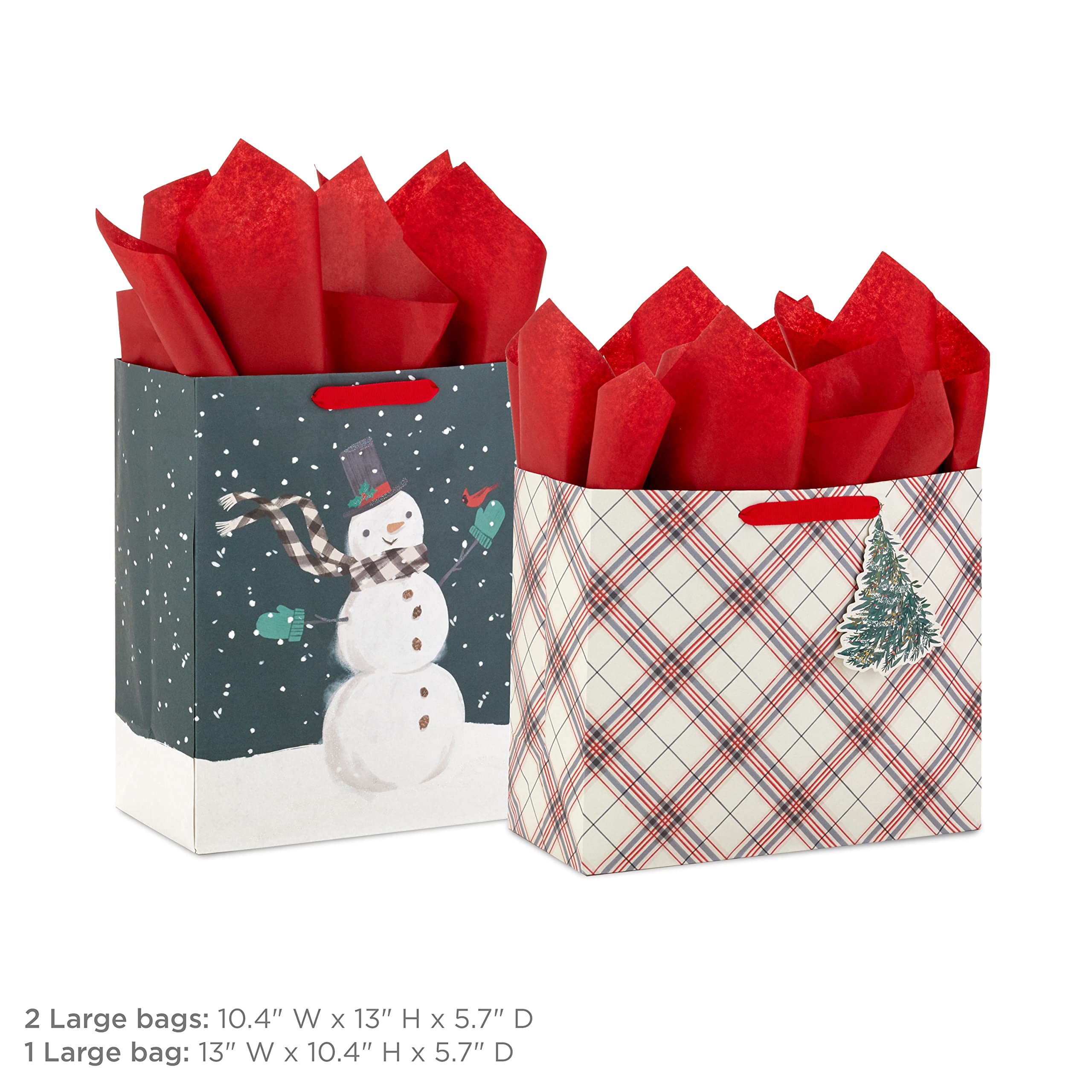 Hallmark Christmas Gift Bag Assortment with Tissue Paper (3 Bags: 2 Large 13", 1 Large Horizontal 10") Santa with Sleigh, Red and Green Plaid, Snowman on Black