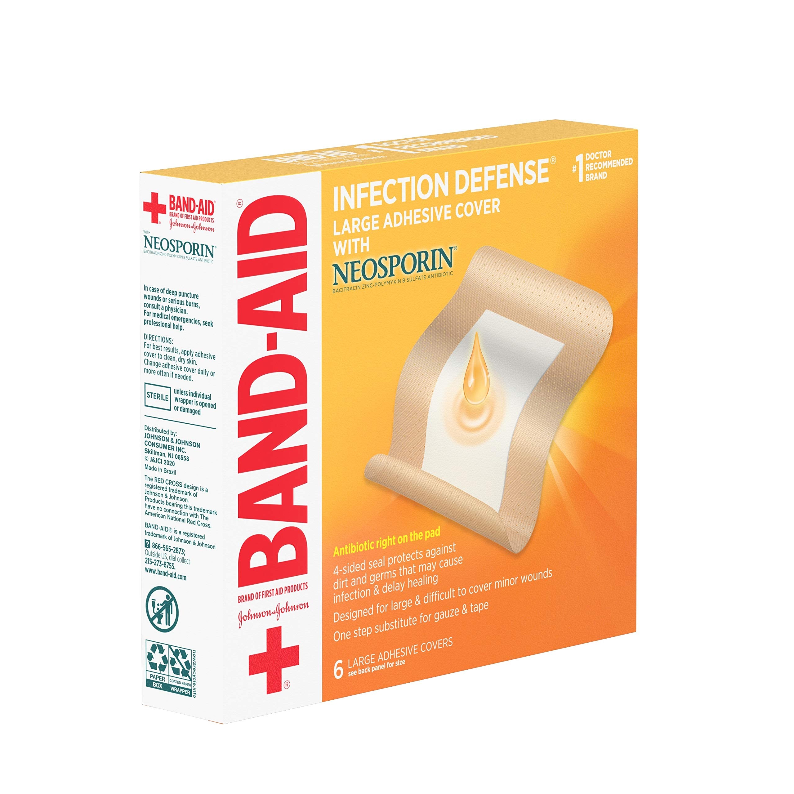 Band-Aid Brand Infection Defense Adhesive Wound Covers with Neosporin Antibiotic Ointment On The Pad for First Aid Wound Care, Bacitracin Zinc & Polymyxin B Sulfate, Sterile, Large, 6 ct