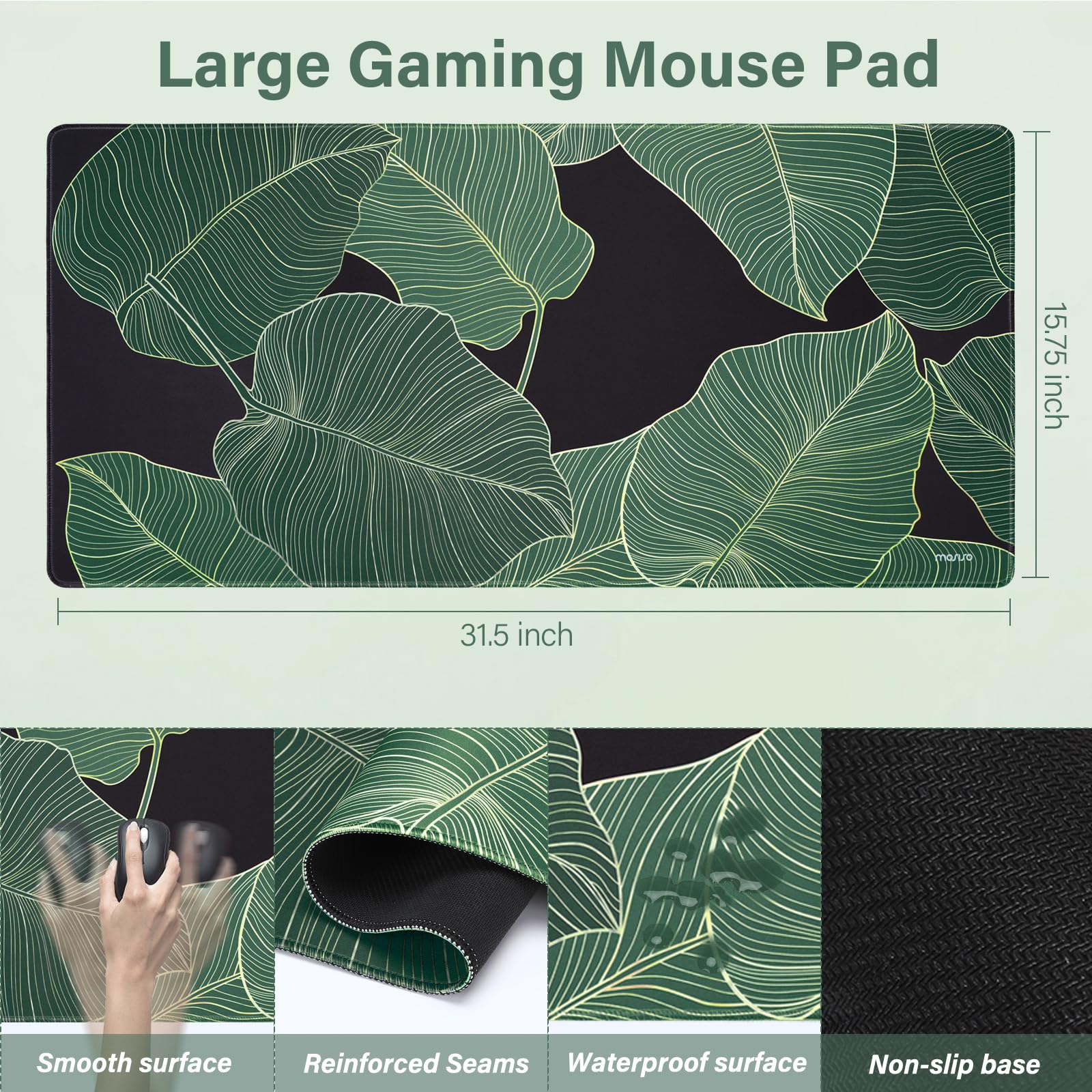 MOSISO Keyboard Mouse Pad Set,Large Gaming Mouse Pad&Keyboard Wrist Rest&Mouse Wrist Rest&Coaster,Ergonomic Non-Slip Leaf Mousepad with Raised Memory Foam for Home Office, Tropical Palm Leaves