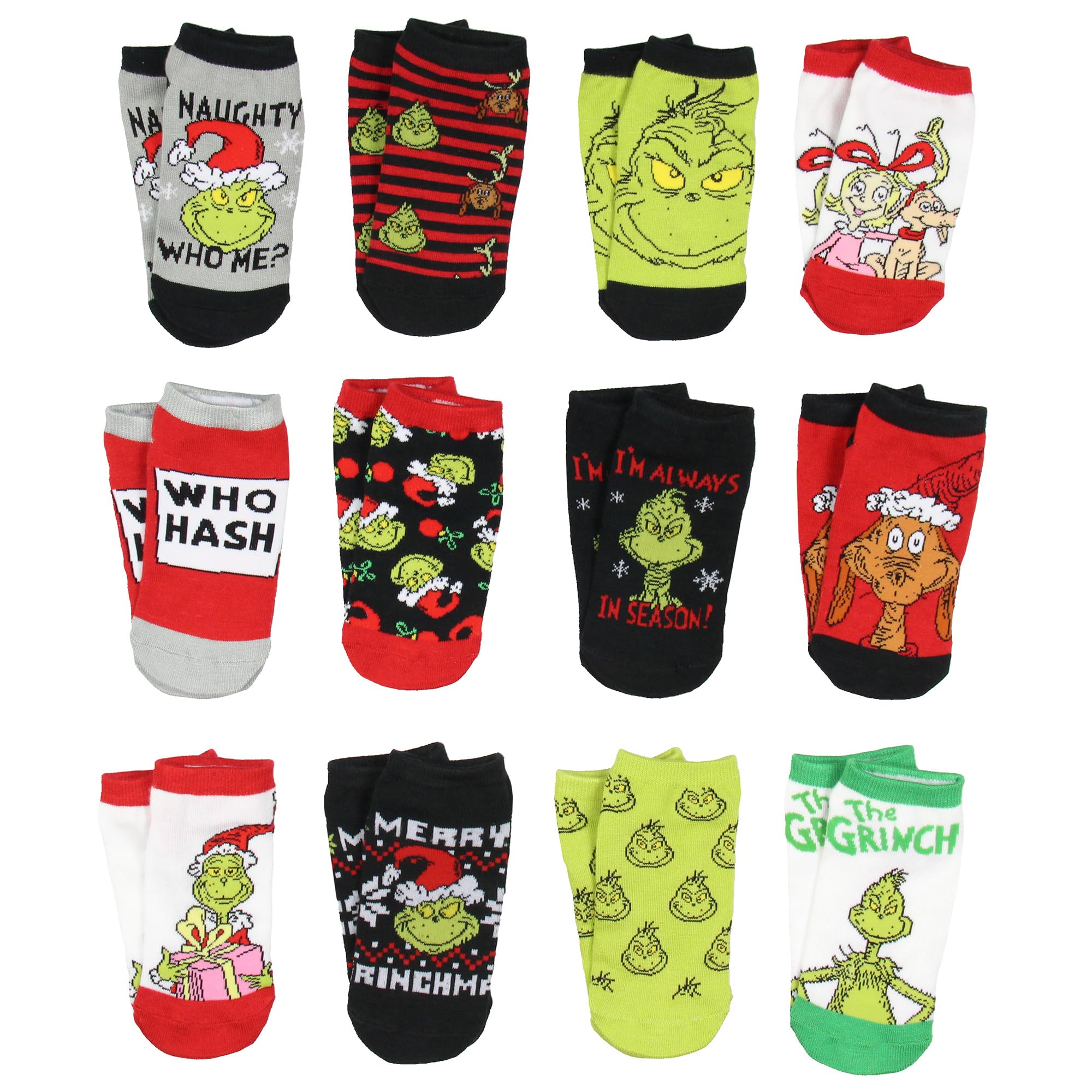 MJC Dr. Seuss The Grinch 12 Days Of Christmas Socks Advent Calendar 12 Day Punch Out Window Adult Ankle No Show Gift Box Set