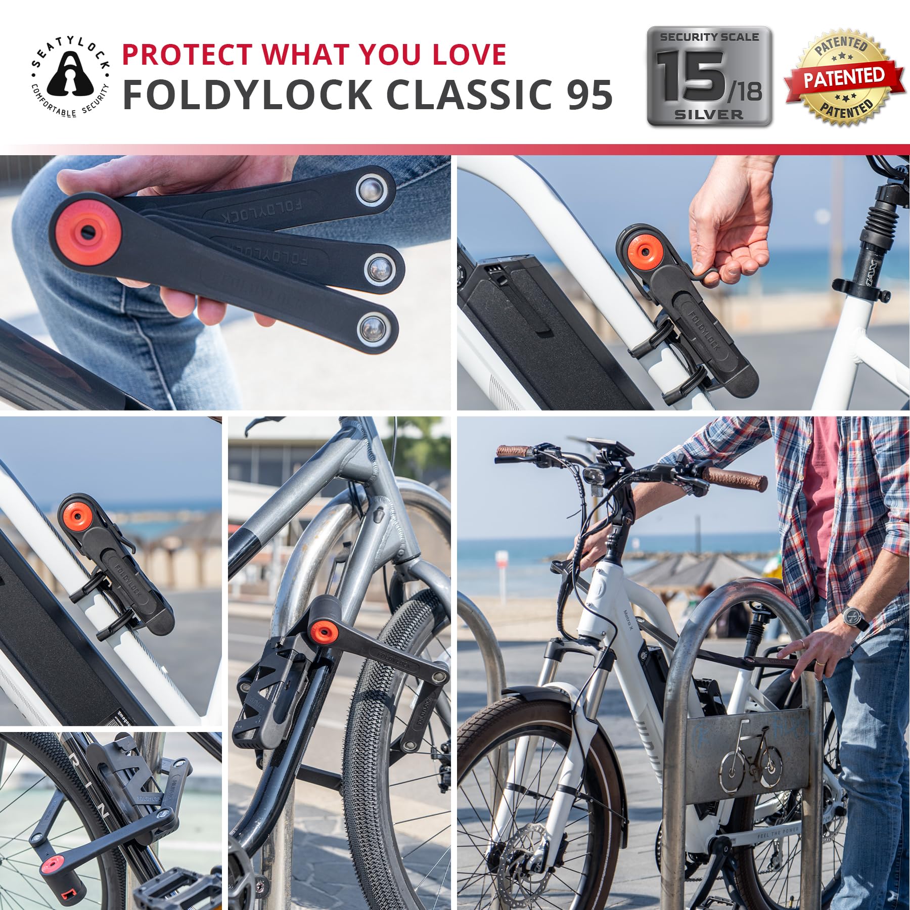 FoldyLock Classic 95 Folding Bike Lock - Patented Sleek High Security Bicycle Lock - Heavy Duty Anti Theft Smart Secure Guard with Keys and Frame Mount for Electric e-Bikes and City Bikes - 37.4"