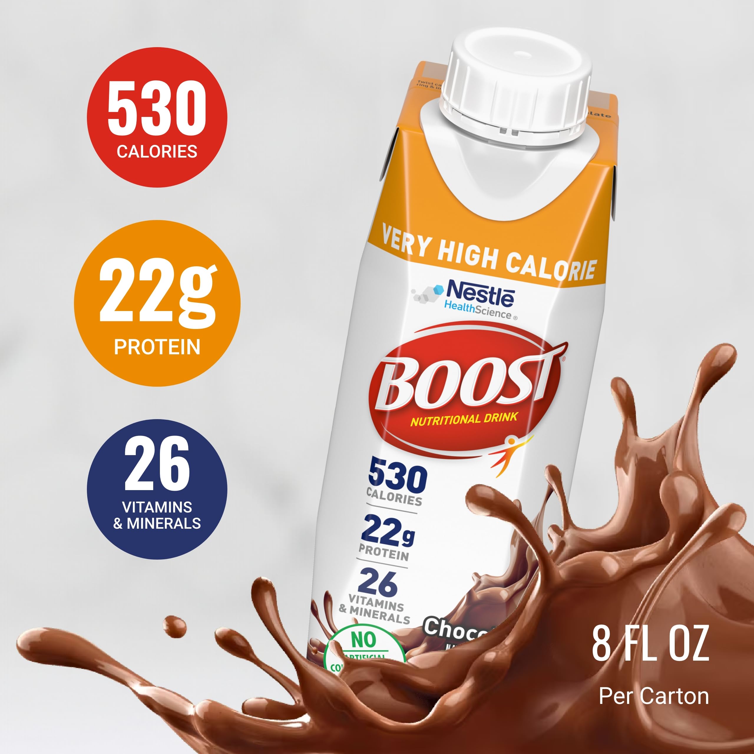 BOOST Very High Calorie Nutritional Drink – Helps Weight Gain & Maintenance -530 Calories -26 Vitamins & Minerals - 22 g Protein - Variety Pack - Vanilla, Chocolate & Strawberry - 8 fl oz (Pack of 24)