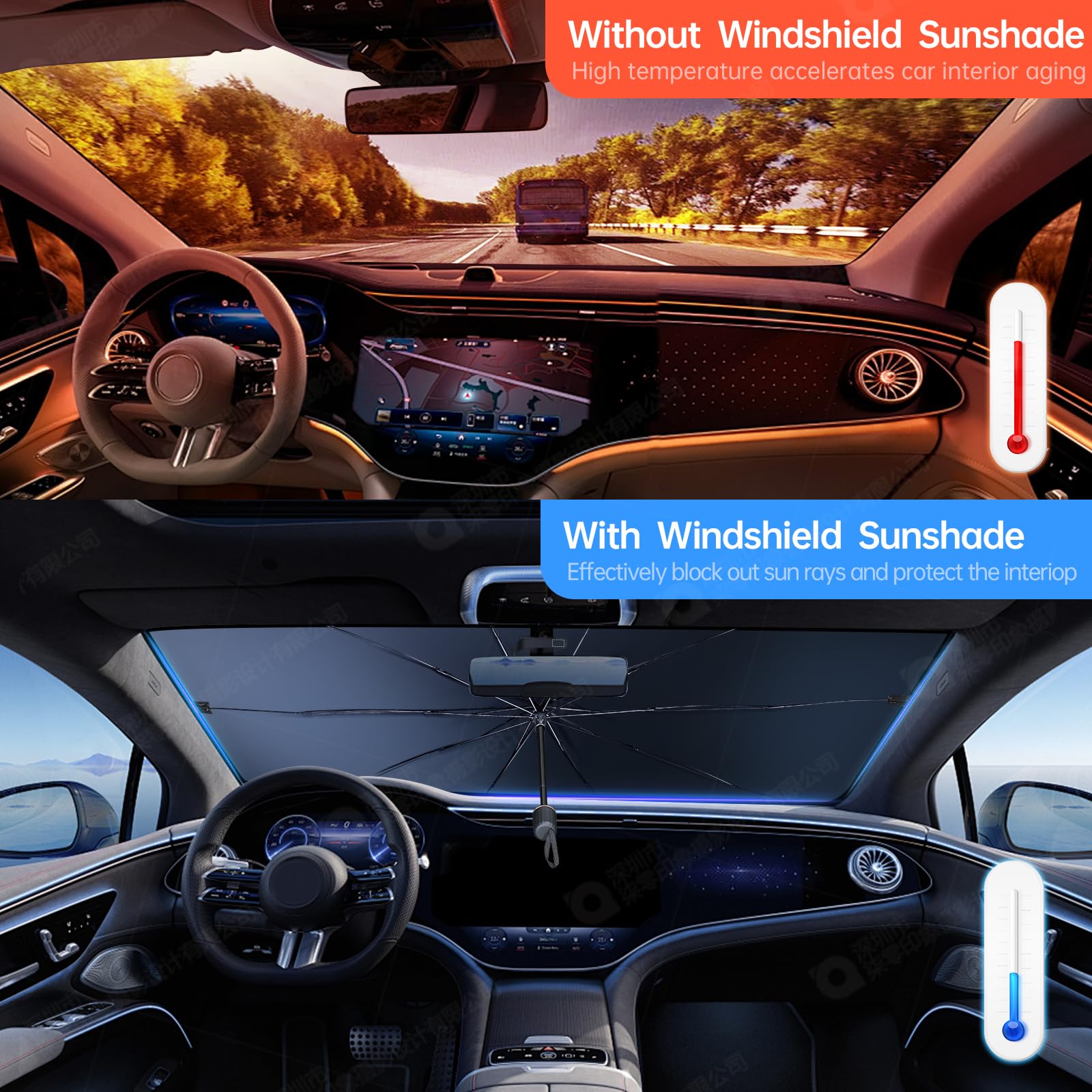 Luckyliz Car Windshield Sun Shade Umbrella for Sedan SUV, [4 Layers Nano Coating][10 Fiberglass Ribs] UV Protection & Heat Insulation Foldable Automotive Front Window Sunshade (57"x31")