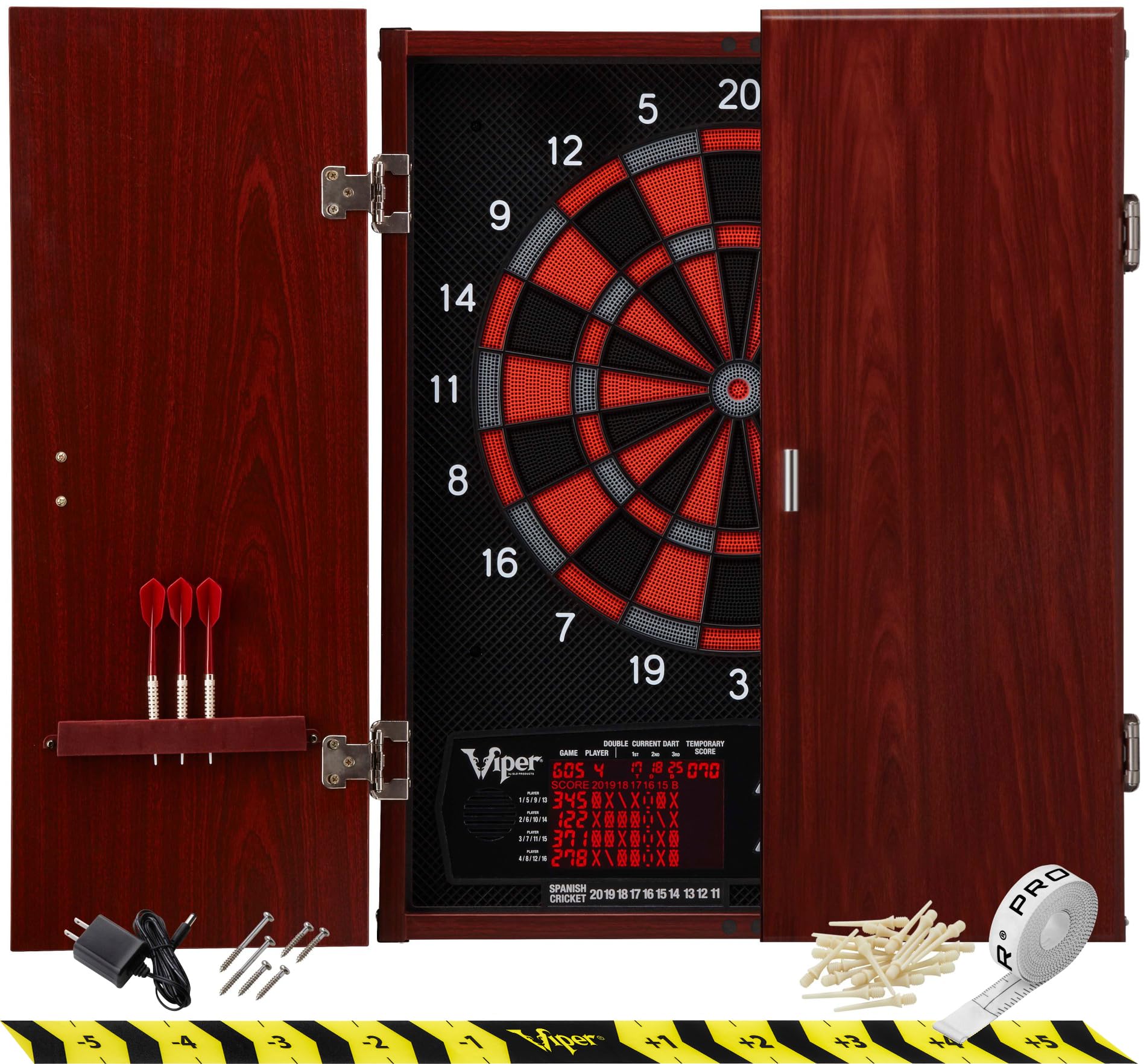 Viper by GLD Products Neptune Electronic Dartboard Cabinet Combo Pro Size Over 55 Games Large Auto-Scoring LCD Cricket Display Extended Dart Catch Area 16 Player Multiplayer with Soft Tip Darts and Power Adapter , 21.5" L x 26.5" W x 3.5" H