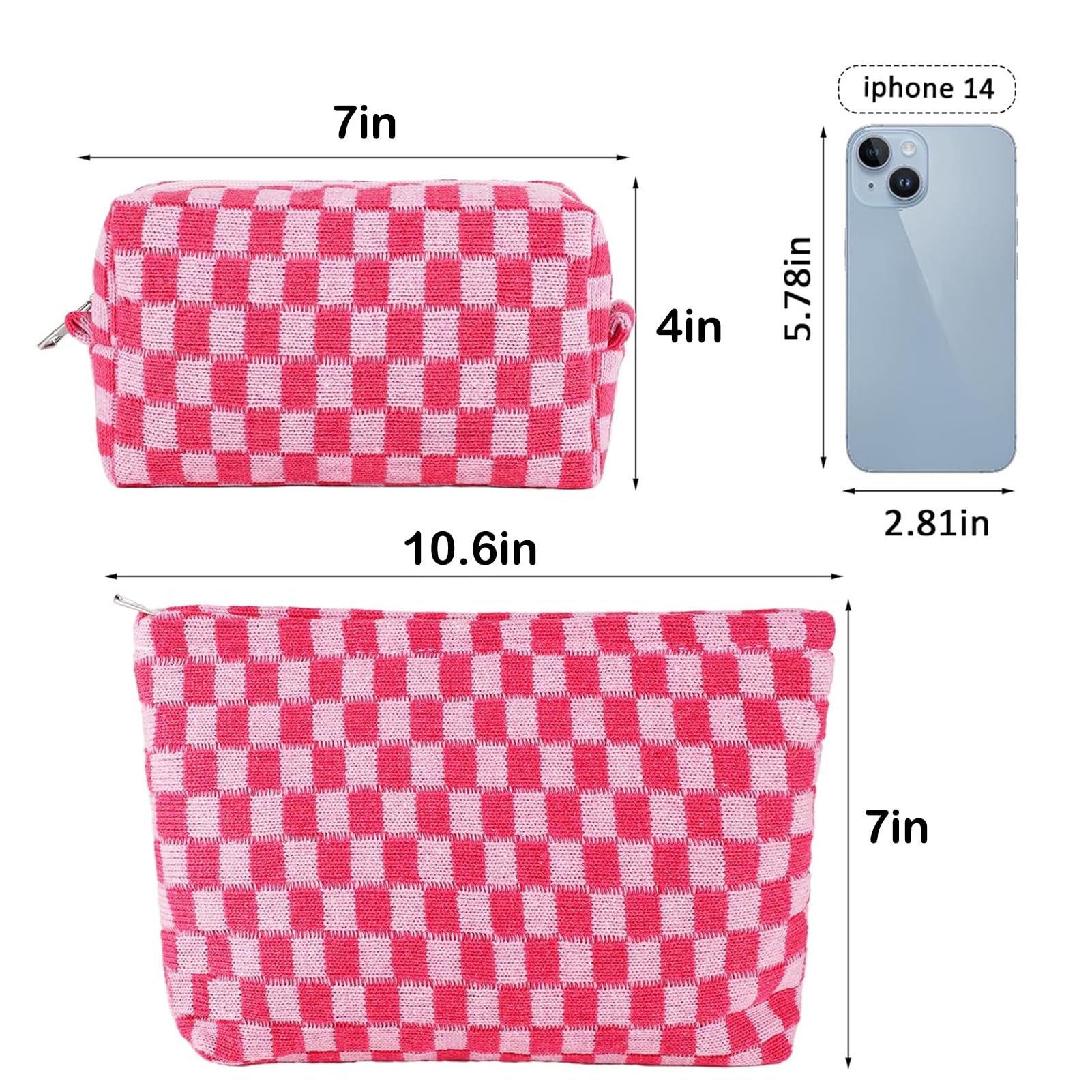 ZLFSRQ 2Pcs Checkered Makeup Bag for Women Large Cosmetic Bag Set Travel Toiletry Bag Makeup Pouch Bag for Purse Pink Zipper Storage Bag Organizer Cute Small Aesthetic Girls Car Essentials Bag