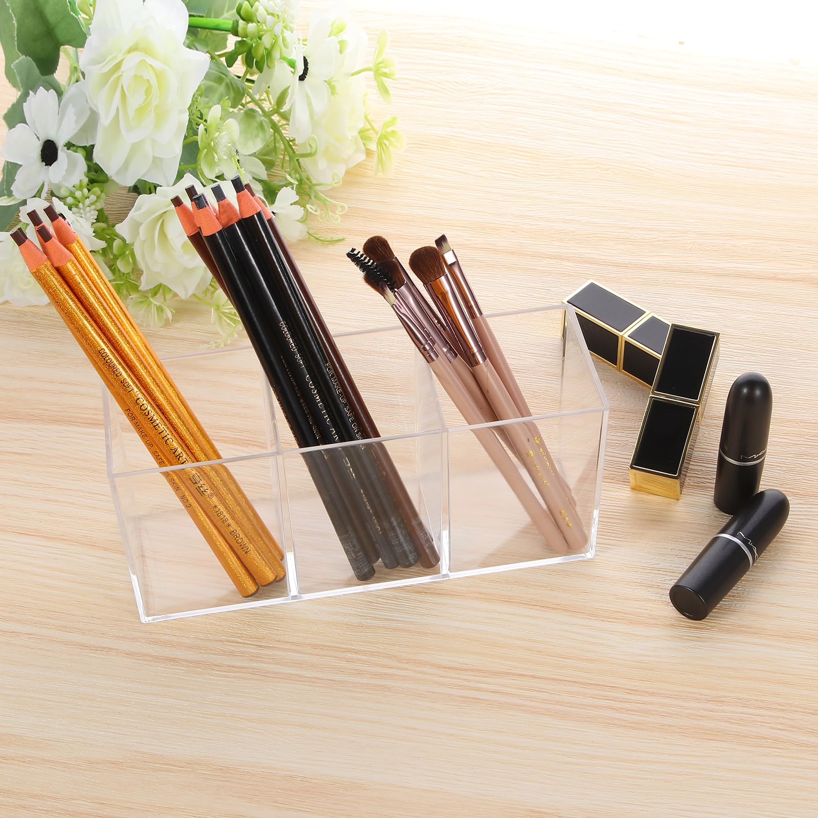 elysolpluv Clear Acrylic Silverware & Pen Organizer Caddy, Transparent Plastic Silverware Holder, Perfect for Office, Bedroom, and Bathroom Storage