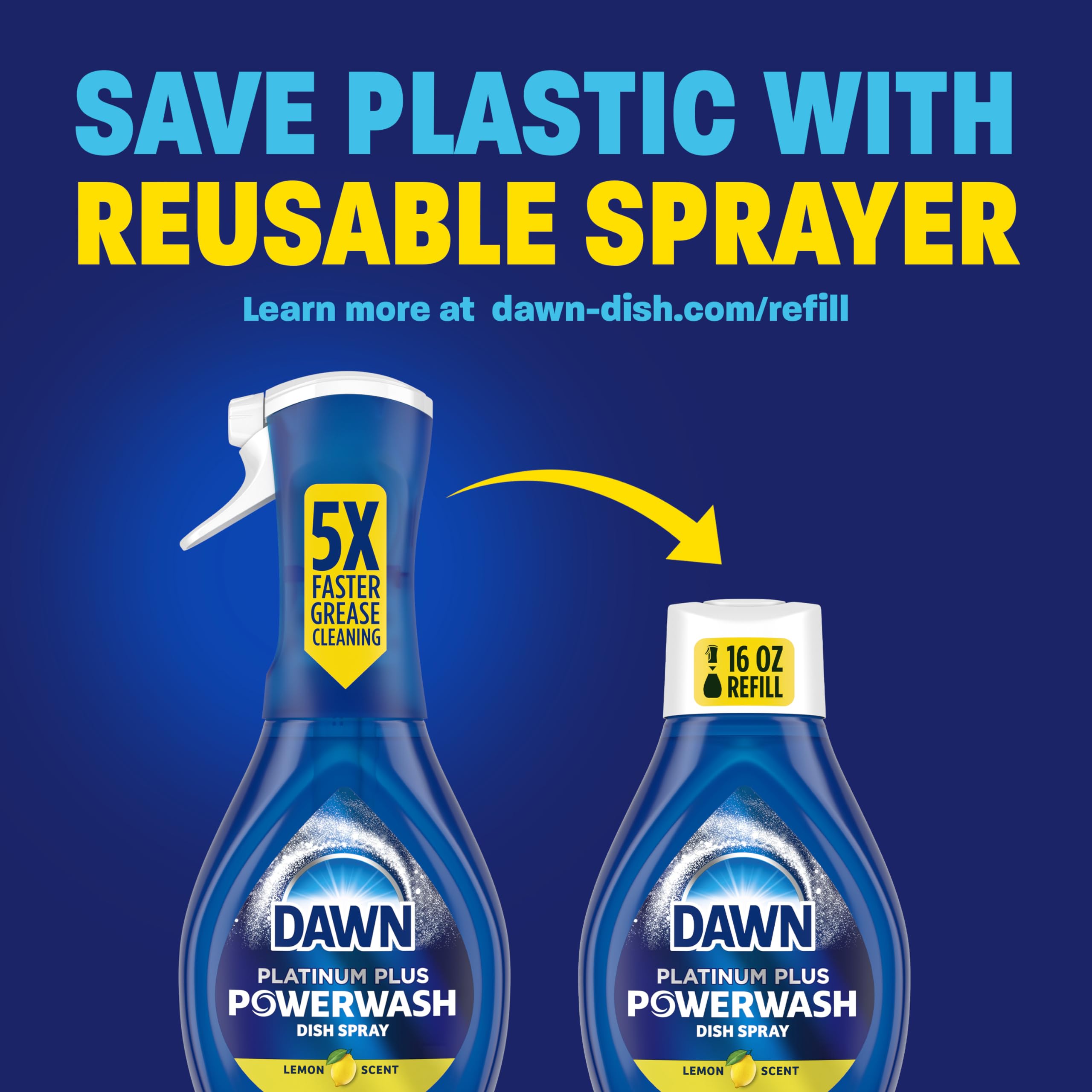 Dawn Powerwash Spray, Dish Soap, Dishwashing Liquid, Cleaning Supplies, Lemon, 1 Starter Kit + 3 Refills, 64 Fl Oz