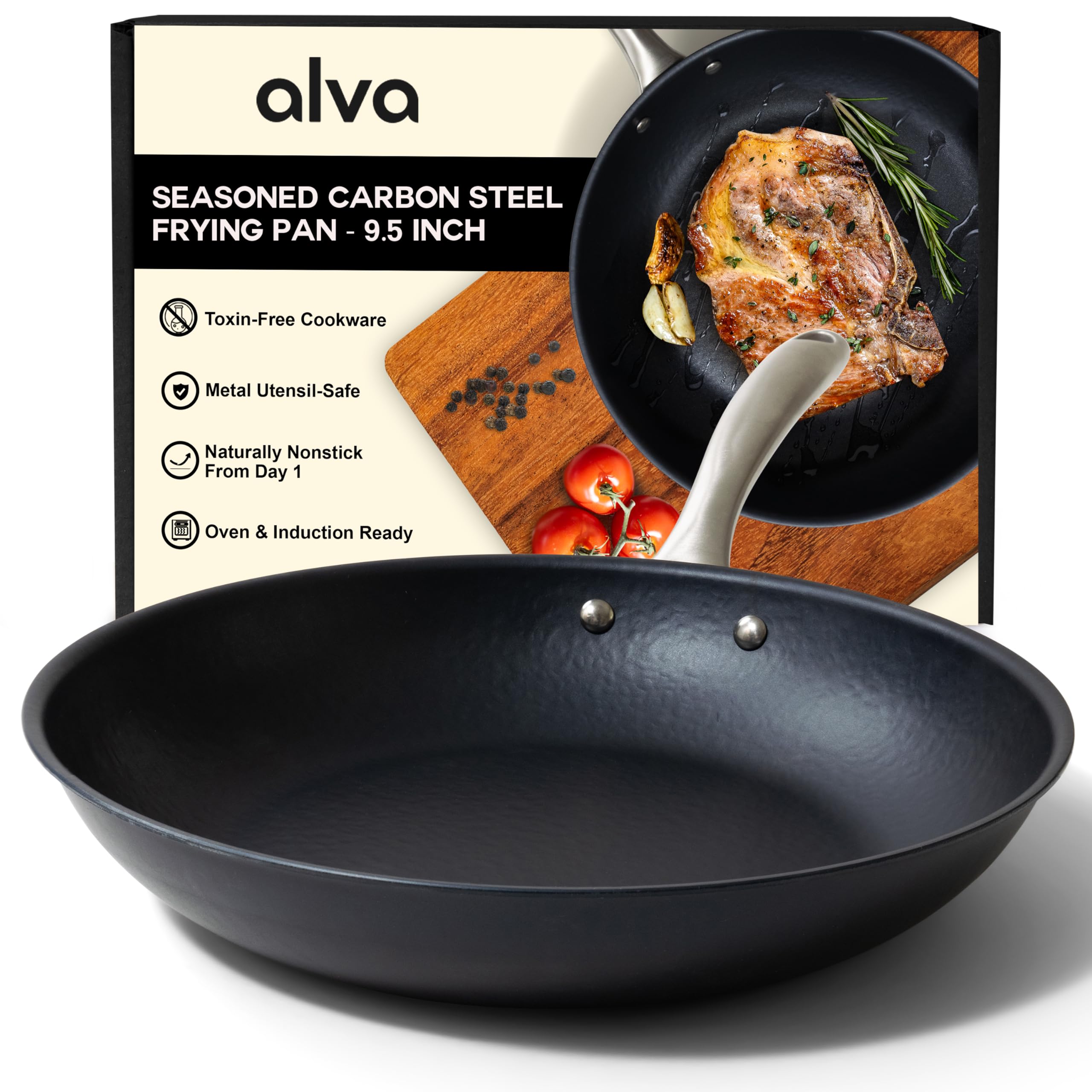 Alva Black Angus 9.5” Carbon Steel Frying Pan – Naturally Nonstick, PFAS-Free & Toxin-Free, Oven & Induction Safe, Chef-Grade Heat Control, Built to Last a Lifetime, Designed in Belgium