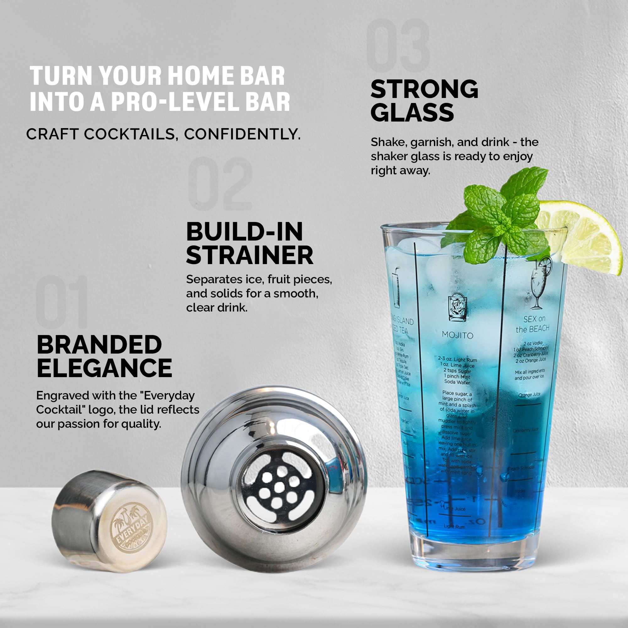 EVERYDAY COCKTAIL - Professional Glass Cocktail Shaker 14 oz, Martini Shaker with Recipes and Measurements, Built-in Strainer and Leakproof Seal, Clear Bar Tool for Margaritas, Martinis