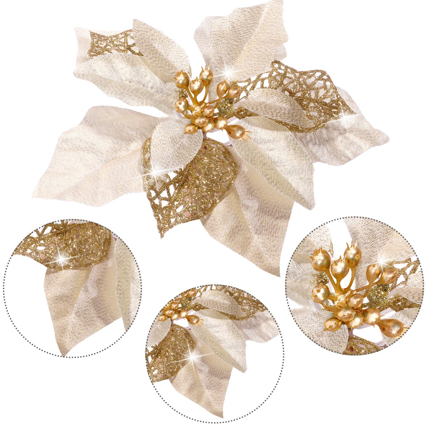 WILLBOND 36 Pieces Christmas Glitter Poinsettia Faux Flowers Christmas Flowers Decorations Wedding Xmas Tree New Year Ornaments(Gold)