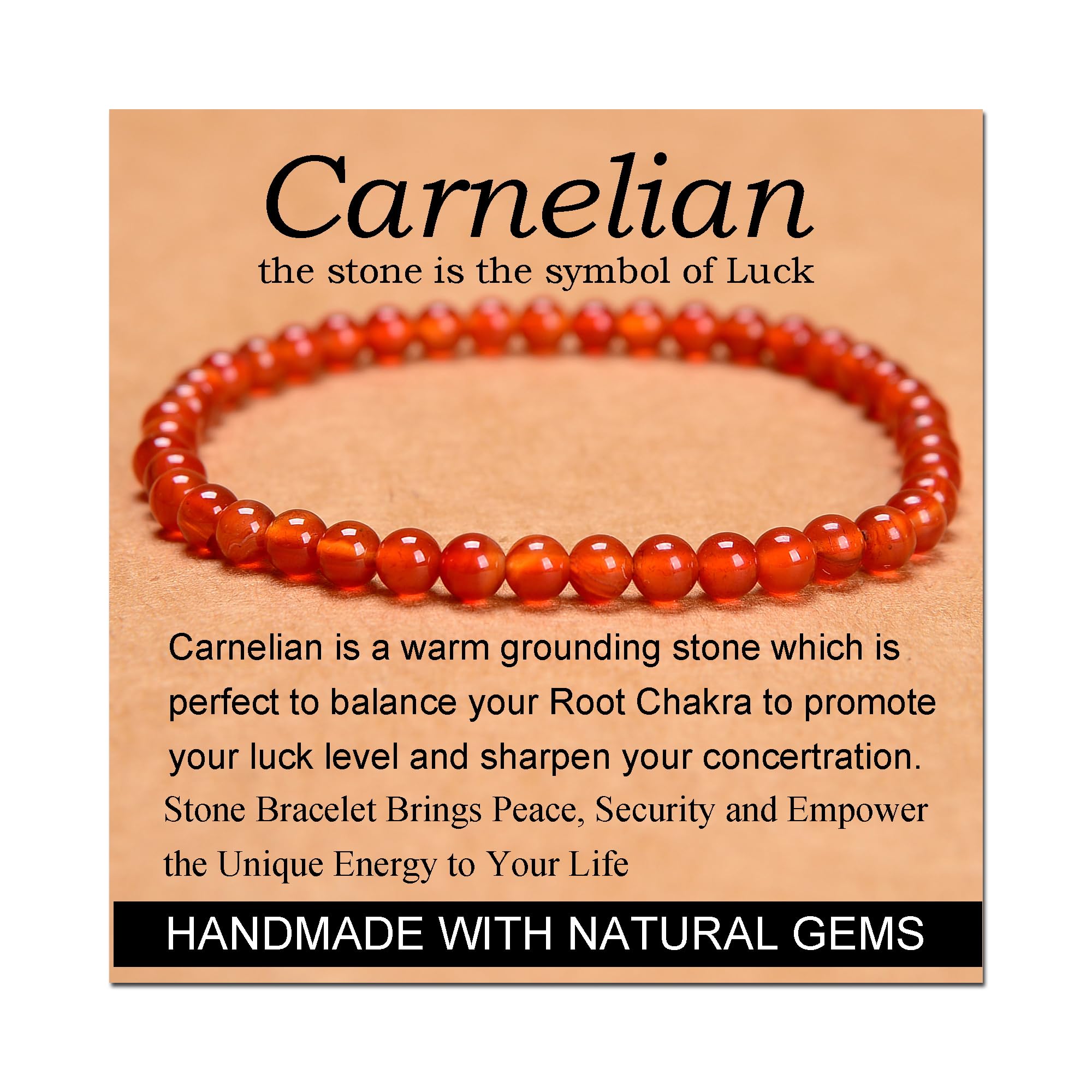 Massive Beads Carnelian - Stone of Luck - Handmade Yoga Stretch Elastic Bracelet Natural Stone Crystal Healing Power Energy Gifts for Unisex Adult 4mm