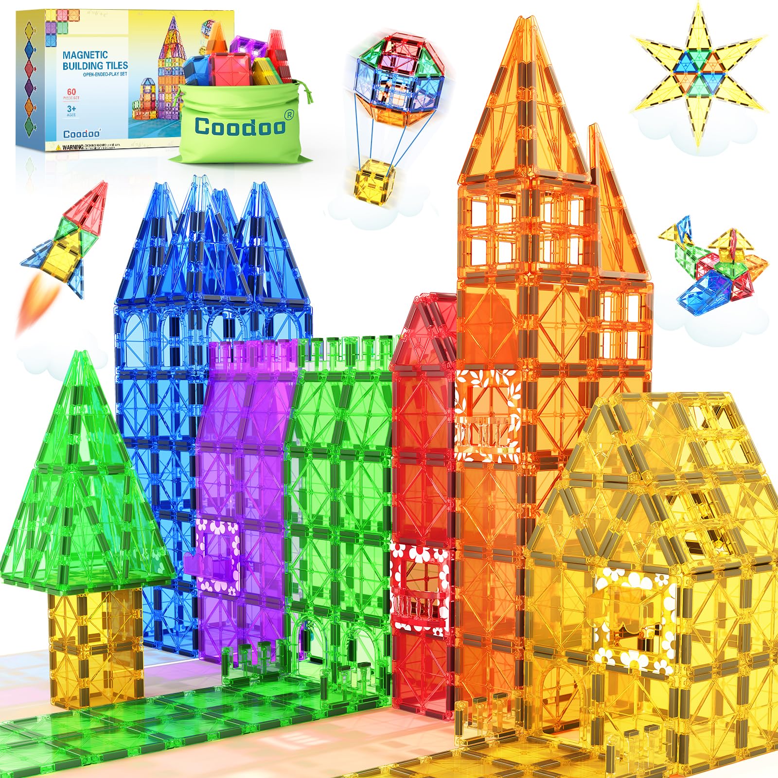 60 PCS Magnetic Building Tiles Kids Toys STEM Magnetic Blocks Sensory Toys Kids Games Magnet Building Toys for Boys and Girls Aged 3+, Kids Brain Development Preschool Kindergarten Toddler Toys