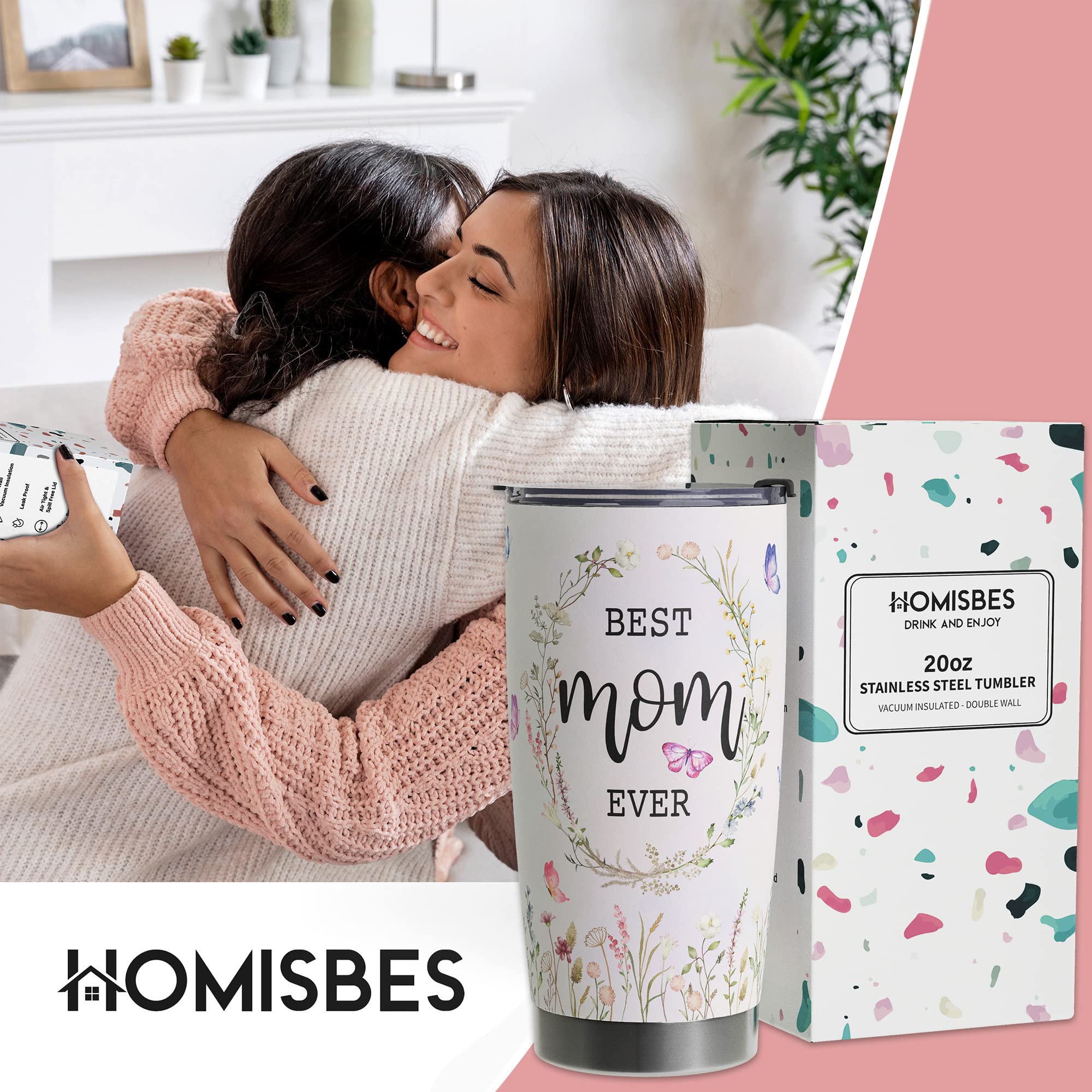 HOMISBES Best Mom Tumbler - She is Strong Vacuum Insulated Stainless Steel Travel Mug with Straw for Mom Birthday Mothers Day - Cute Flora Mom Cups 20oz