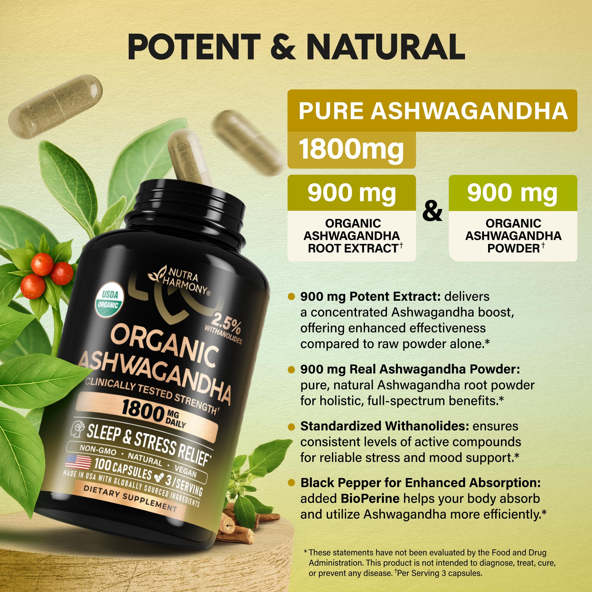 Ashwagandha Supplements 1800mg - USDA Organic Ashwagandha for Women & Men - Clinically Effective Strength for Stress Relief & Sleep - Powder & Root Extract 2.5% Withanolides - Made in USA 100 Capsules