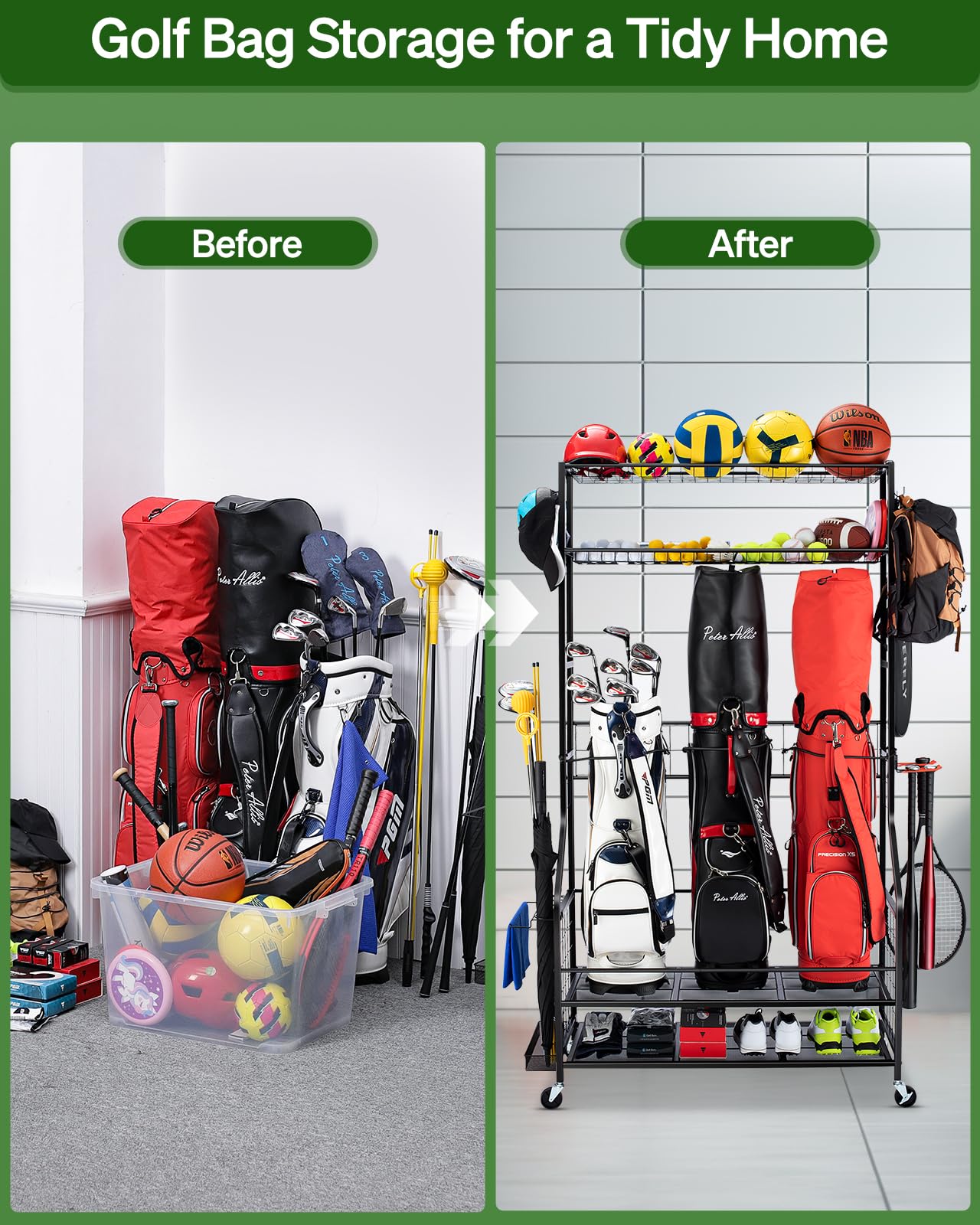FHXZH Golf Bag Storage Garage Organizer, 3 Golf Bag Stand and Sports Equipment Storage Rack for Garage with Wheels, 4 Hooks, Golf Accessories Storage Rack with Extra Golf Clubs Display Rack