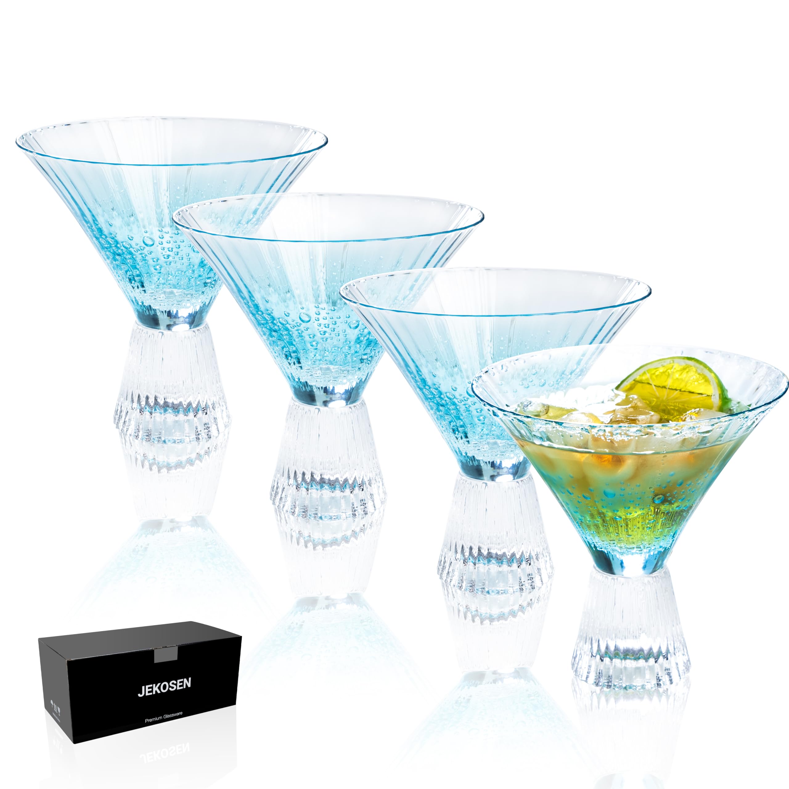 JEKOSEN Crystal Stemless Martini Glasses 8 Ounce Set of 4, Vintage Ribbed Cocktail Glassware Azure Bubble Design Premium Strong Lead-Free Clear for Bar, Martini Cosmopolitan Tequila