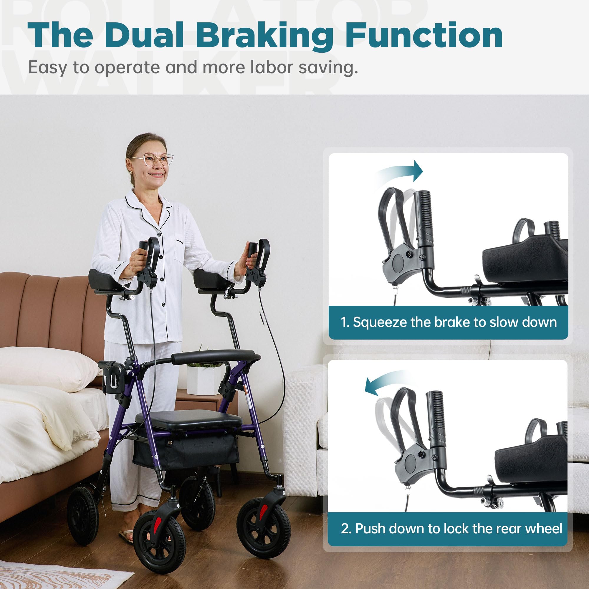 ELENKER All-Terrain Upright Rollator Walker, Stand Up Rolling Walker with 10’’Big PU Wheels and Adjustable Padded Armrests for Seniors from 4’8”to 6'4”, Purple