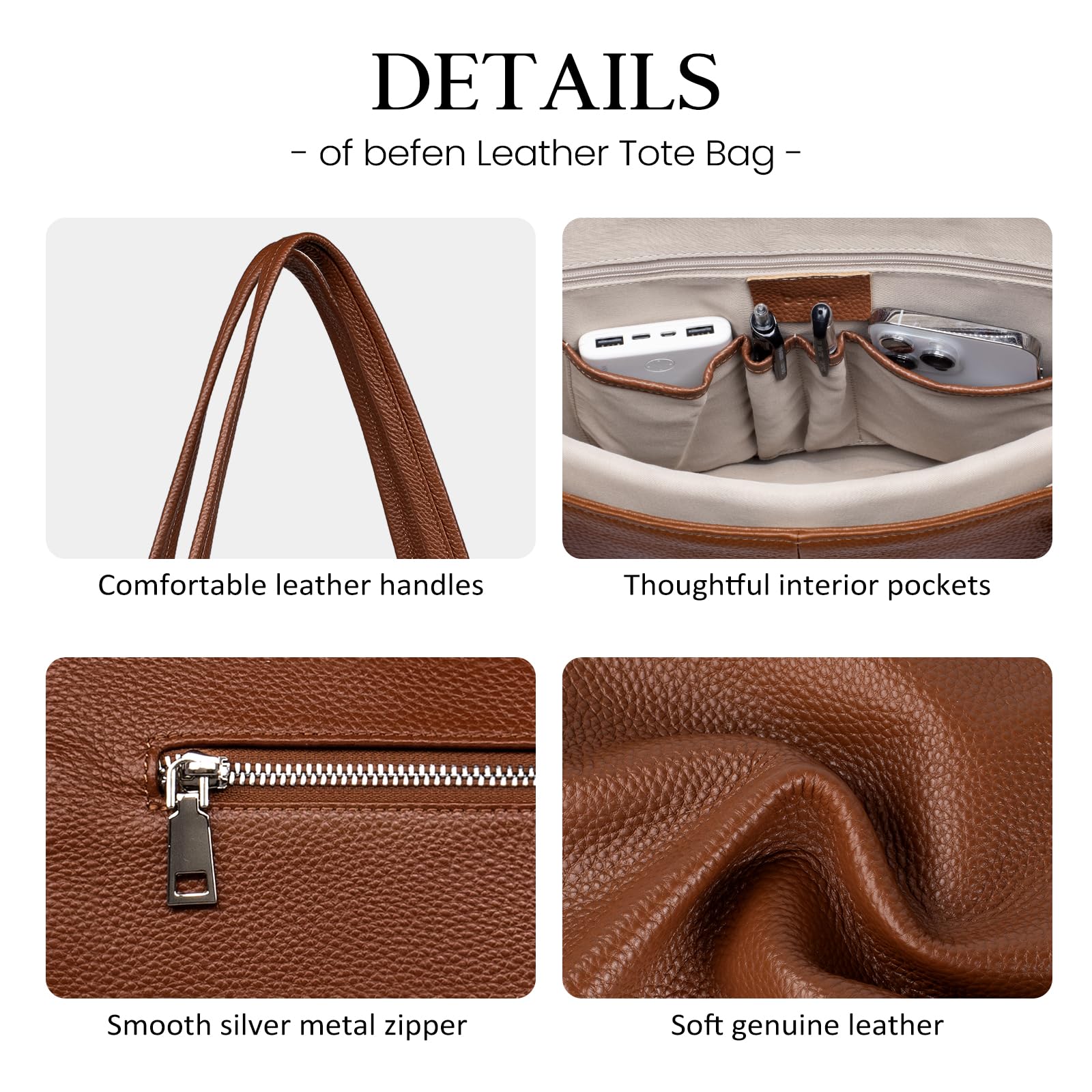 befen Soft Genuine Leather Tote Bag for Women, Ladies Work Purses Totes Bags Shoulder Handbag Purse with Compartments Cognac Brown