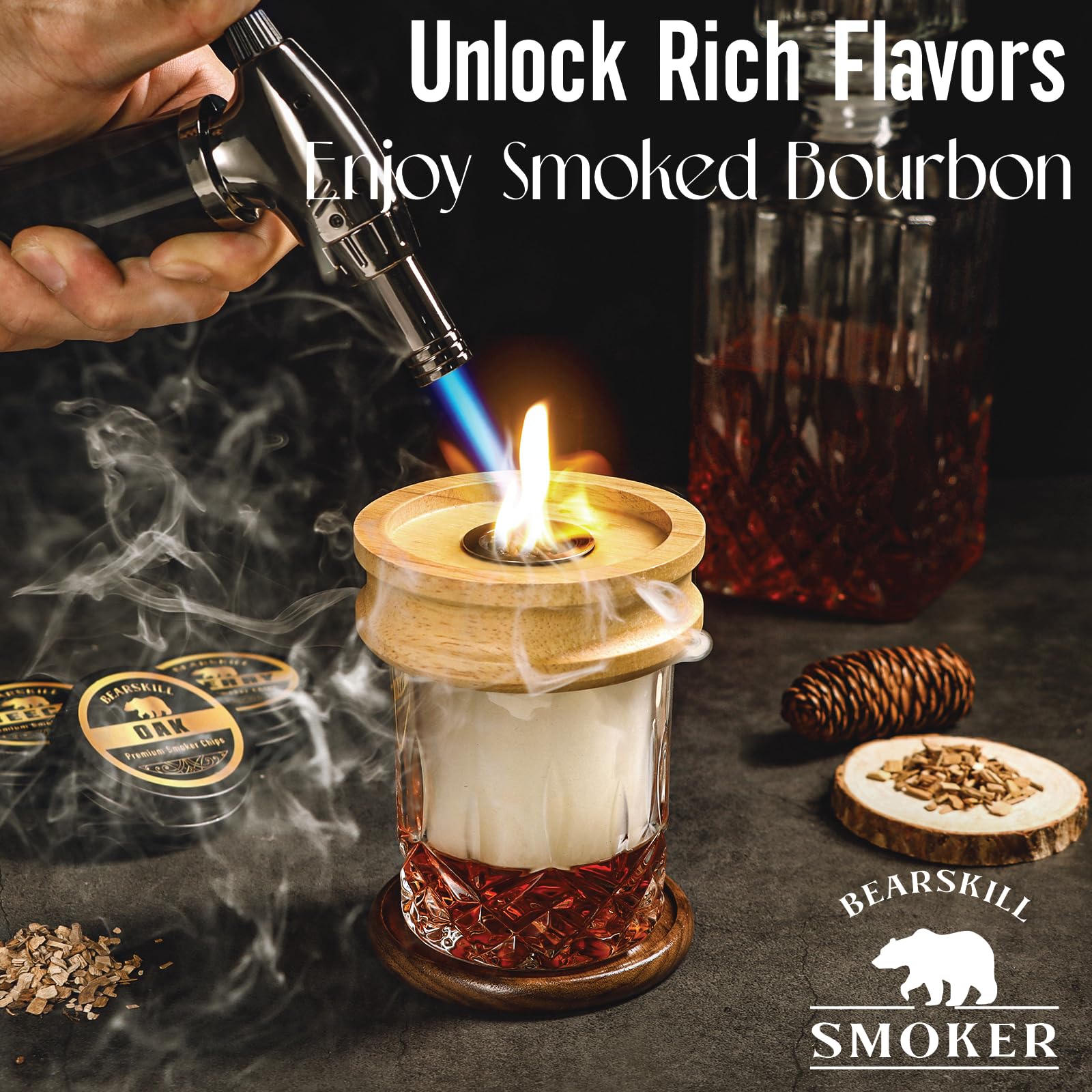 Whiskey Smoker Kit with Torch - 6 Natural Wood Chips Flavors, 2 Glasses, 2 Ice Molds - Cocktail Smoker Infuser Kit, Old Fashioned Smoker Kit, Birthday Bourbon Whiskey Gifts for Men, Dad(No Butane)