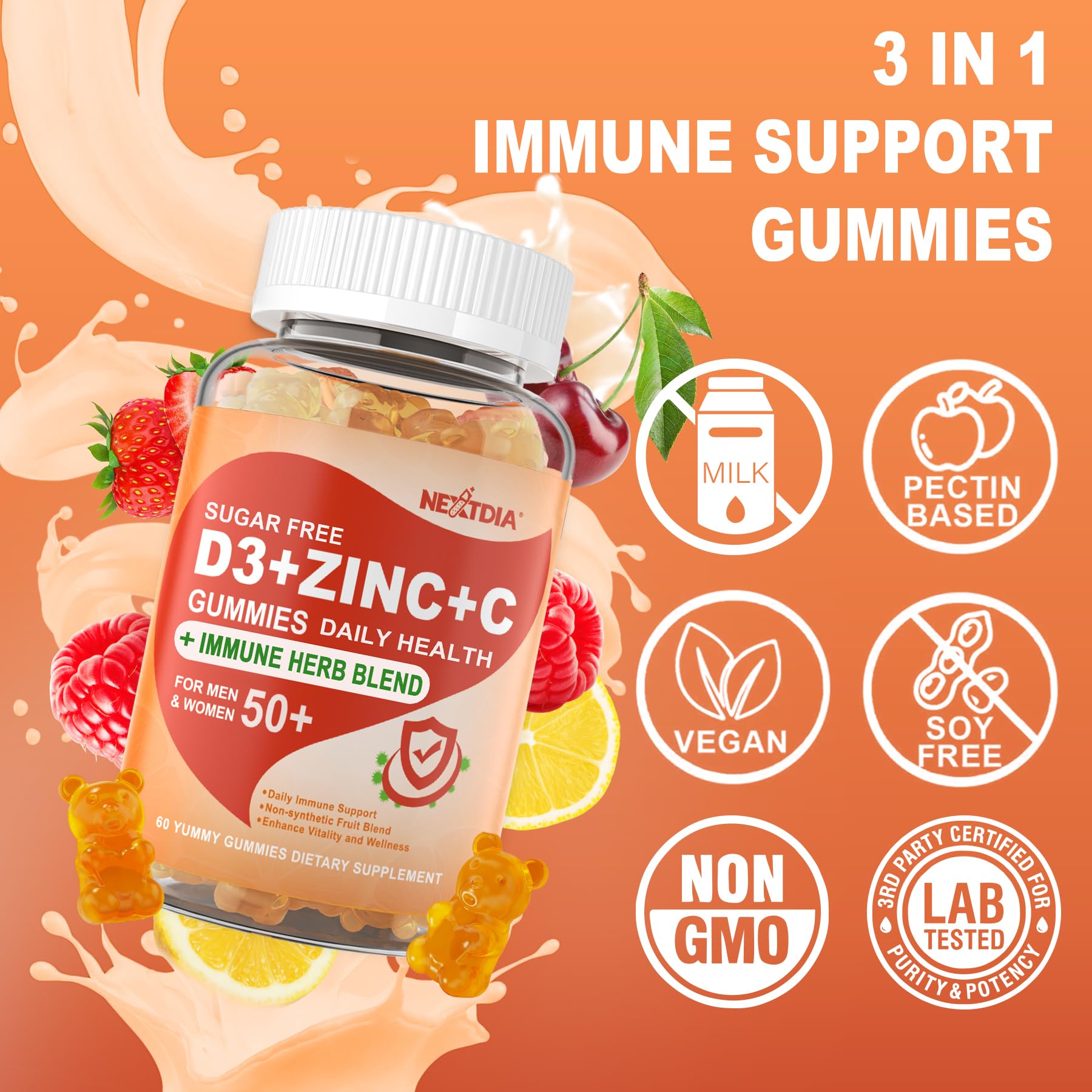 Sugar Free Vitamin C + D3 + Zinc Gummies for Adults 50 +, 9 in 1 Immune Defense Supplement with D3 5000IU, Elderberry, Echinacea, Mullein Leaf for Boost Immunity, Power Antioxidant, Vegan (Pack of 2)