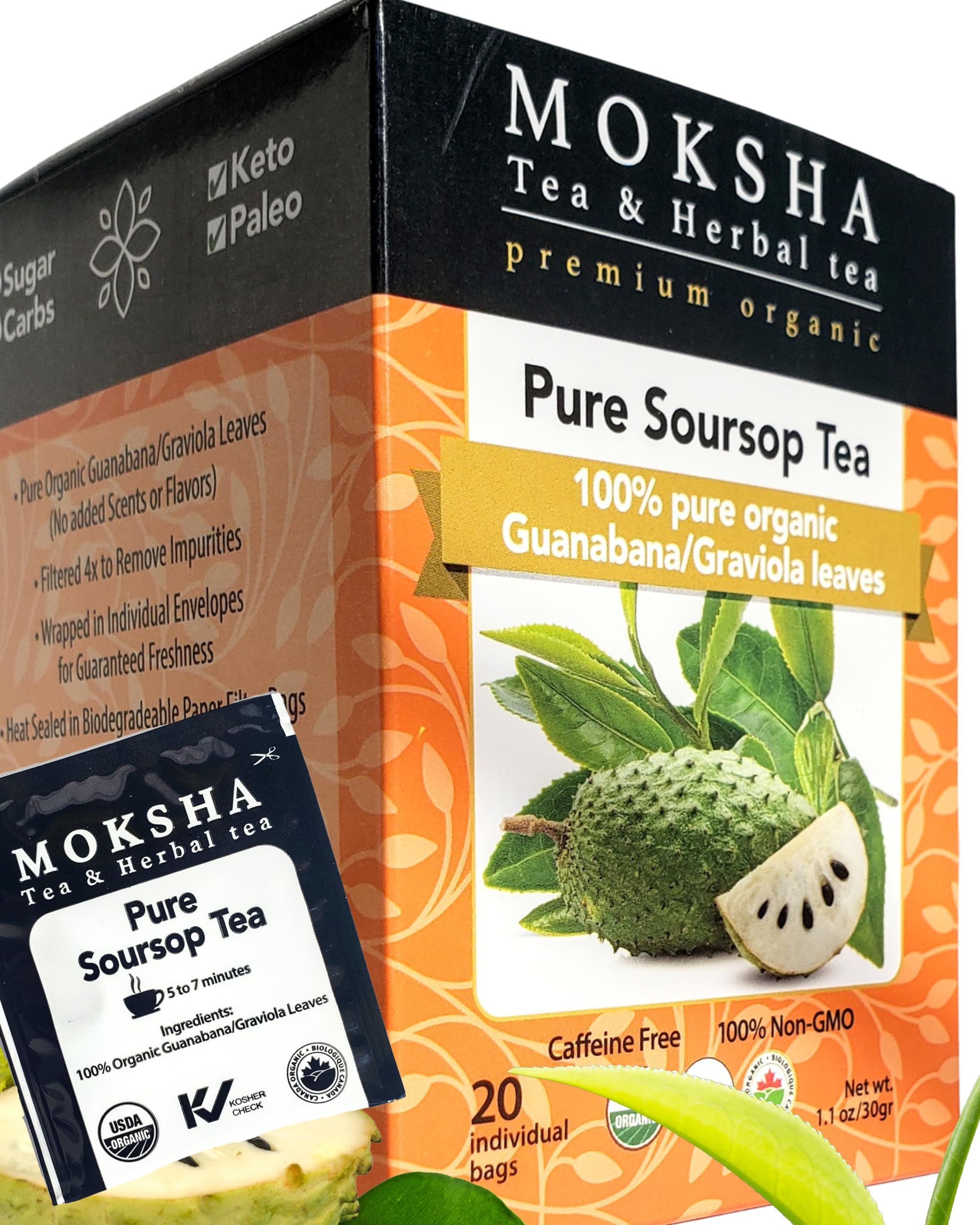 Pure Soursop Tea made with Pure Graviola Leaf- Guanabana Leaves- 20 Organic Tea Bags Moksha Ayurveda