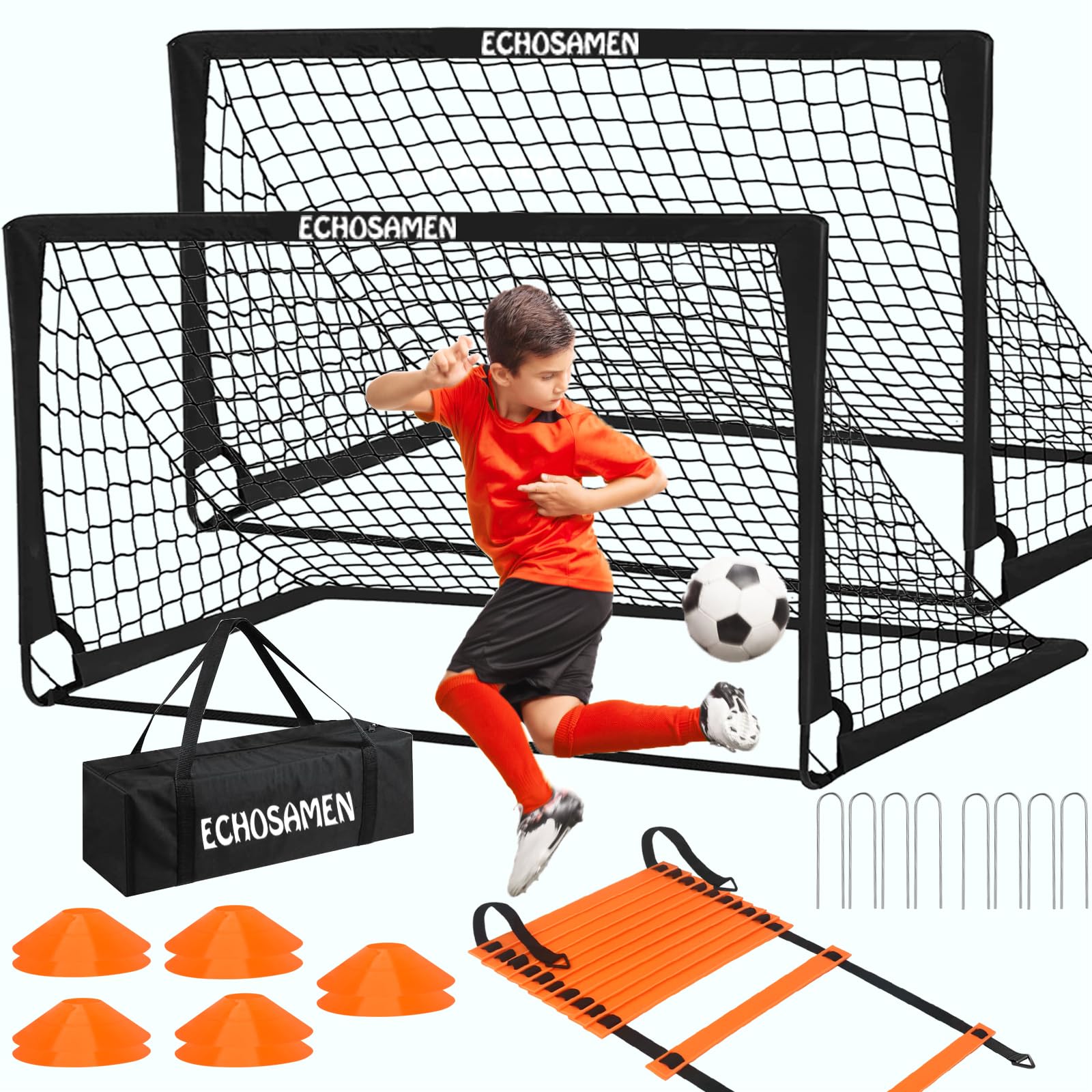 Kids Soccer Goals for Backyard, 2 of 6 x 4 ft Kids Soccer Goal Set Soccer Net with 10 Soccer Cones, Agility Ladder & Carry Bag, Portable Soccer Training Equipment, Suitable Soccer Goal for Kids 1-15