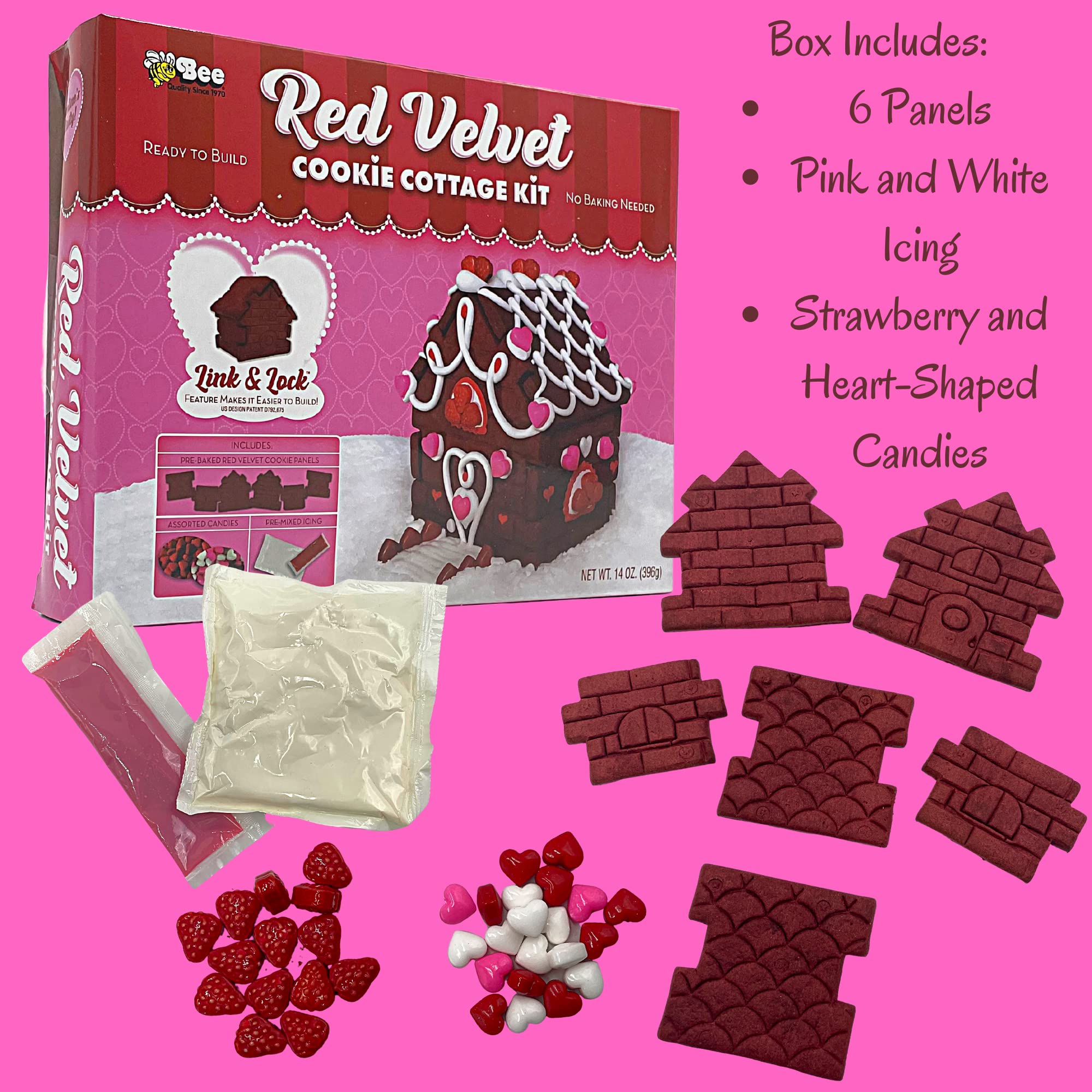 Small Ready to Build Edible Red Velvet Cookie House Kit, DIY Valentine's Day Decorating Kits, 14 Ounces