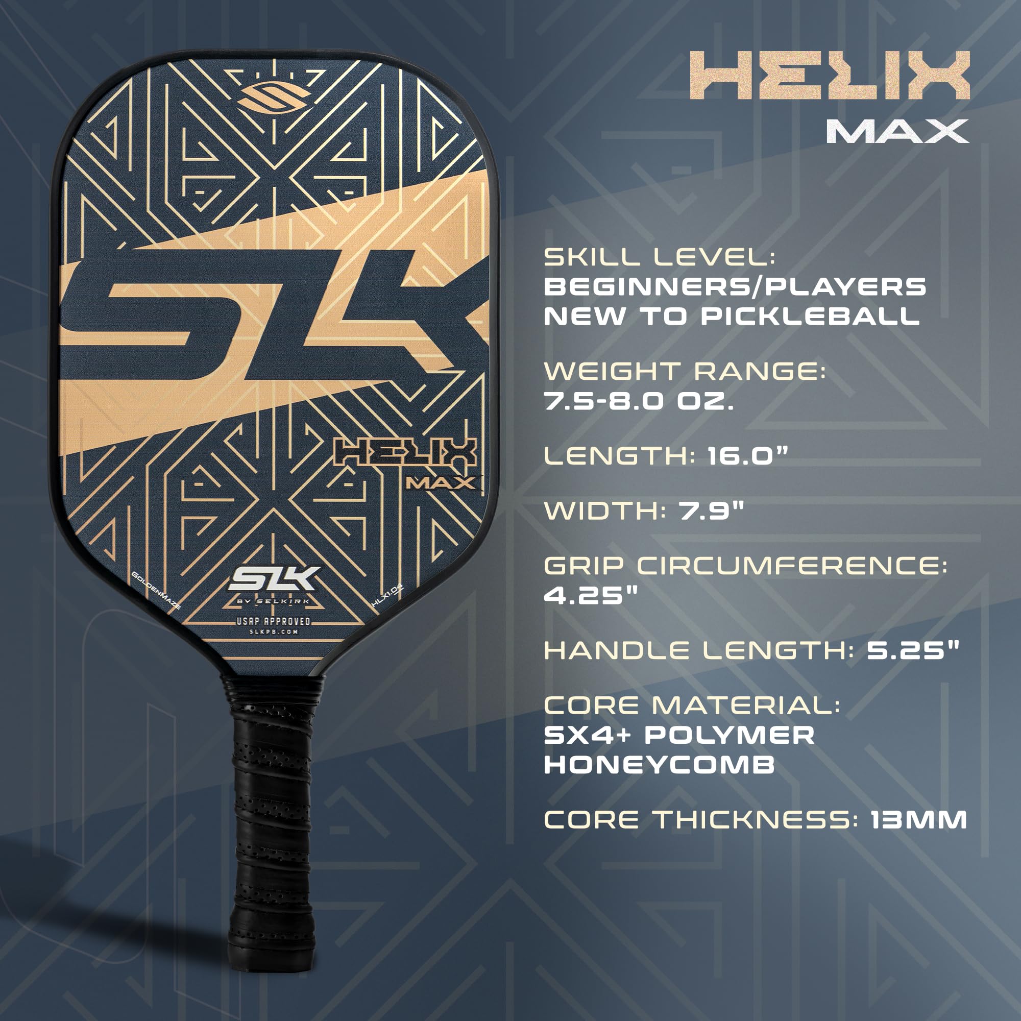 2024 SLK Helix Pro Pickleball Paddle | Carbon Fiber & Fiberglass Hybrid Face | Thermoformed Carbon Fiber Core | Unmatched Control | Gold Maze