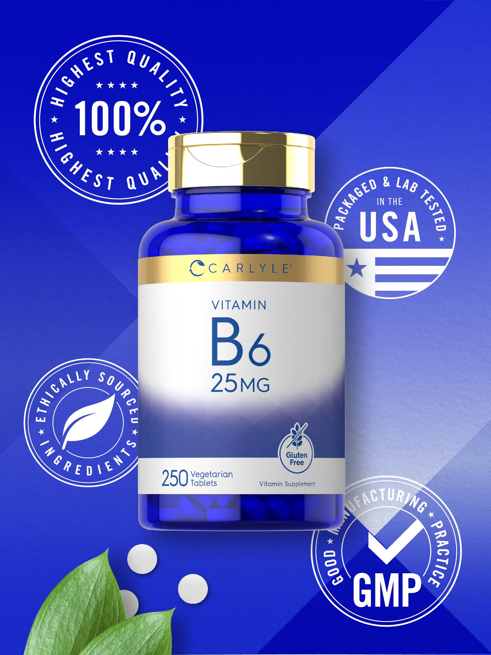 Carlyle Vitamin B6 | 25mg | 250 Tablets | Vegetarian, Non-GMO & Gluten Free Supplement