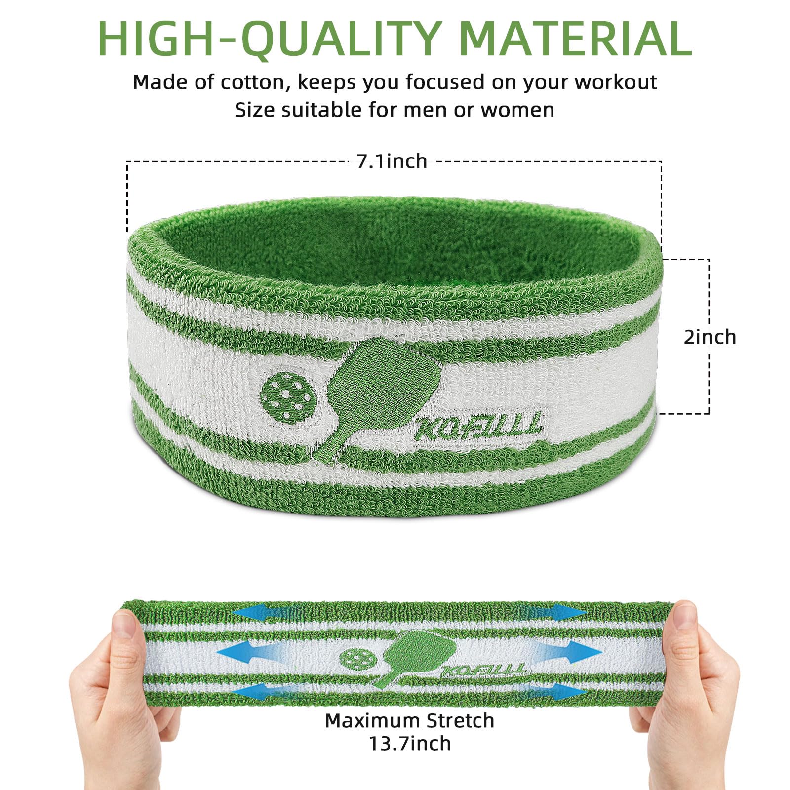 KOFULL Pickleball Accessories, Pickleball Gifts for Women and Men, Cotton Sweat Bands Headband Set for Pickleball, Tennis, Golf, Yoga Sports, Green