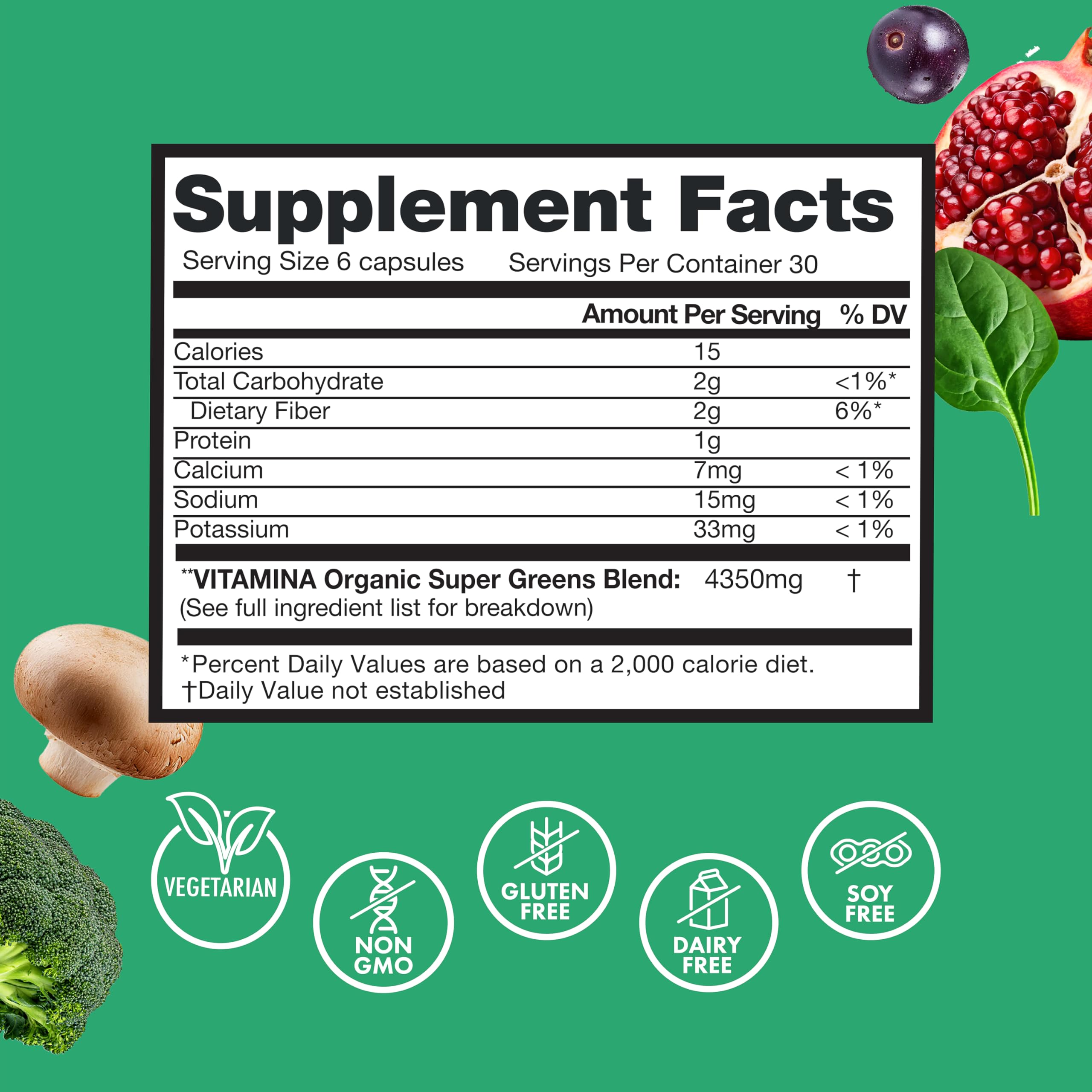 Zena Nutrition Organic Super Greens Fruit & Veggies Supplement, 70+ Superfoods from Fruit & Vegetables, 3g Fiber, Spirulina, Chlorella, Prebiotics & Probiotics, Digestive Enzymes, 180 Capsules