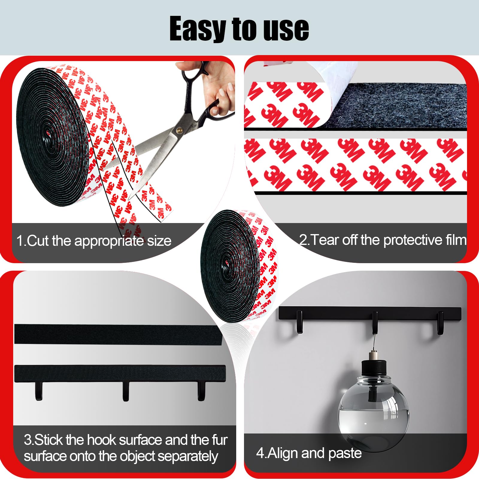 PHIXBEAR Heavy Duty Hook and Loop Tape Rolls with Adhesive, Made of 3M, Can Prevent Couch Pads, Curtains from Sliding, Suitable for Hanging Pictures Indoor and Outdoor. Black 0.98'' x 11.48Ft