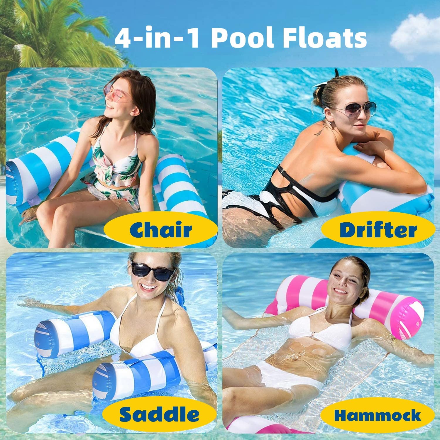 【4 Pack】 Inflatable Pool Floats Hammock, Water Hammock Lounges, Multi-Purpose Swimming Pool Accessories(Saddle, Lounge Chair, Hammock, Drifter) Suitable for Swimming Pool, Beach, Outdoor